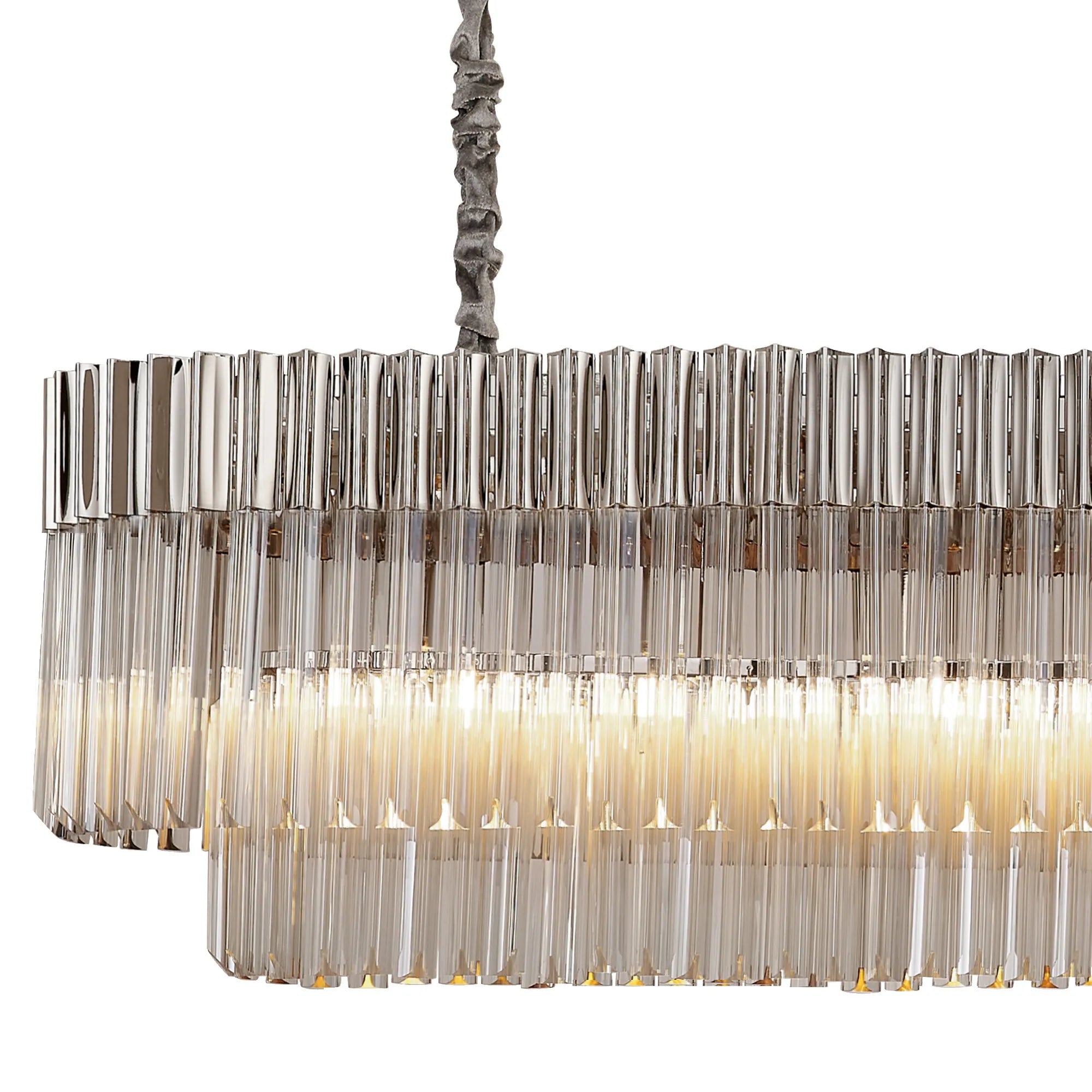 Cedar 200 x 40cm Linear Pendant With Bell Cup 10 Light - Polished Nickel & Cognac Sculpted Glass