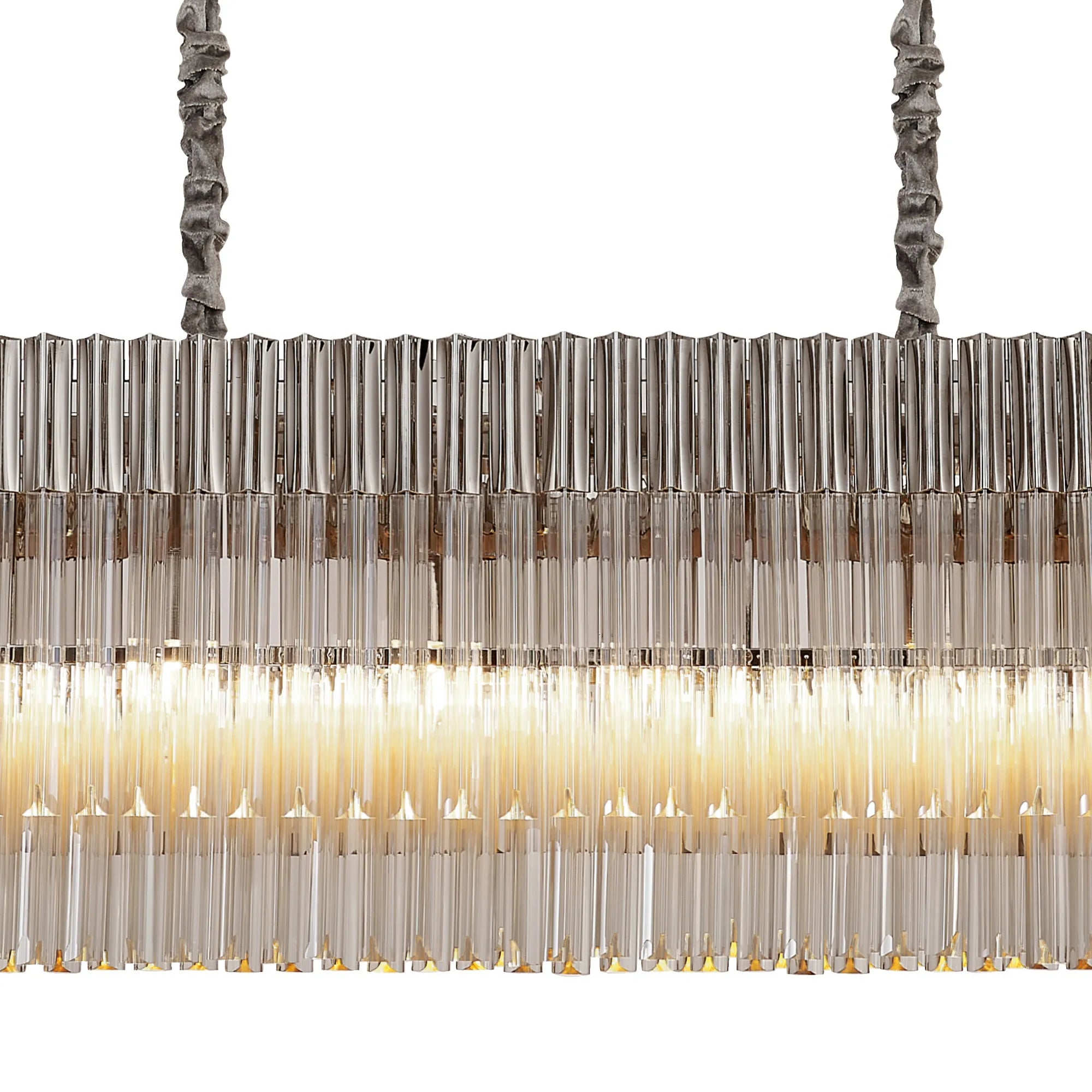 Cedar 200 x 40cm Linear Pendant With Bell Cup 10 Light - Polished Nickel & Cognac Sculpted Glass
