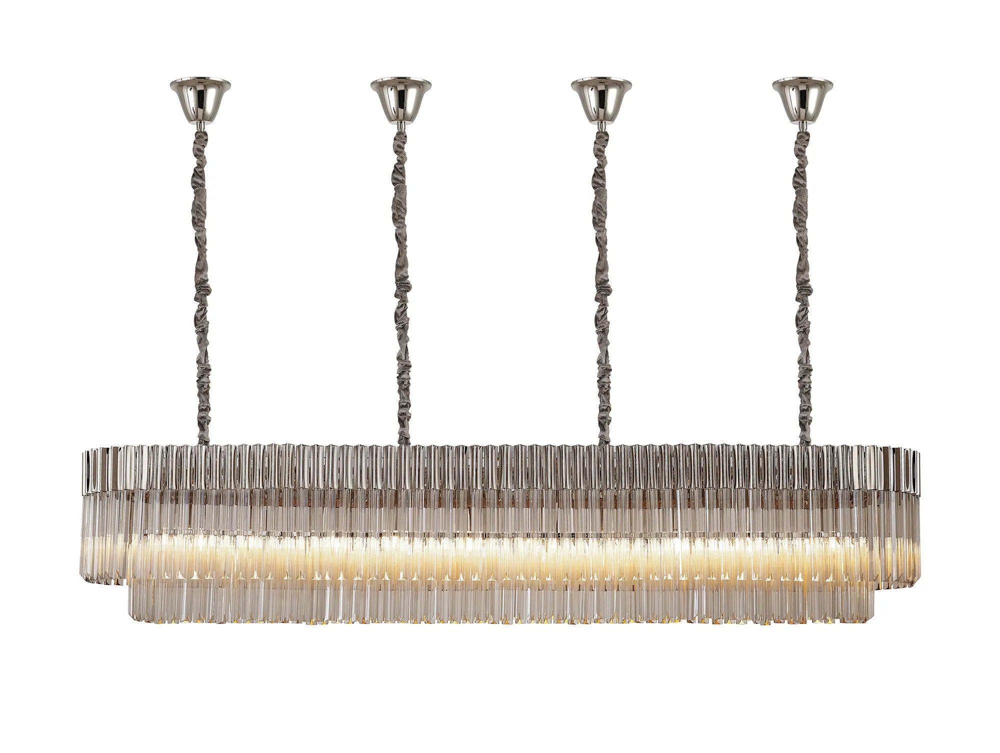 Cedar 200 x 40cm Linear Pendant With Bell Cup 10 Light - Polished Nickel & Cognac Sculpted Glass