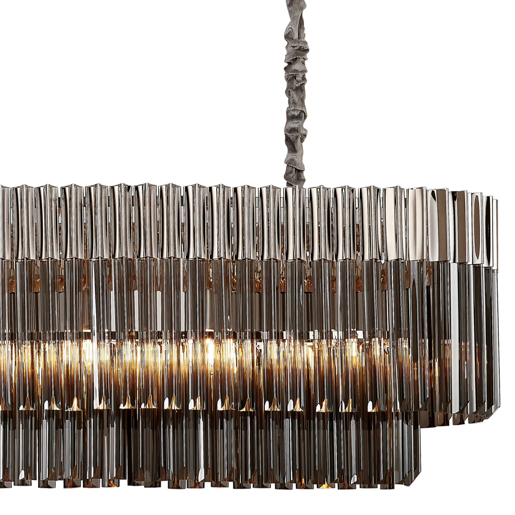 Cedar 200 x 40cm Linear Pendant With Bell Cup 10 Light - Polished Nickel & Smoked Sculpted Glass