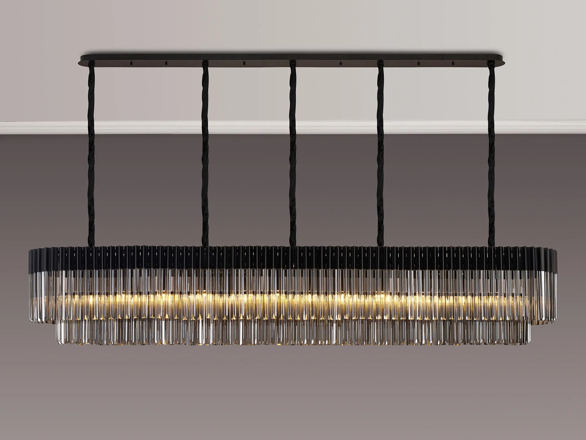 Cedar 225 Light - 40cm Linear Pendant 12 Light - Matt Black & Smoked Sculpted Glass