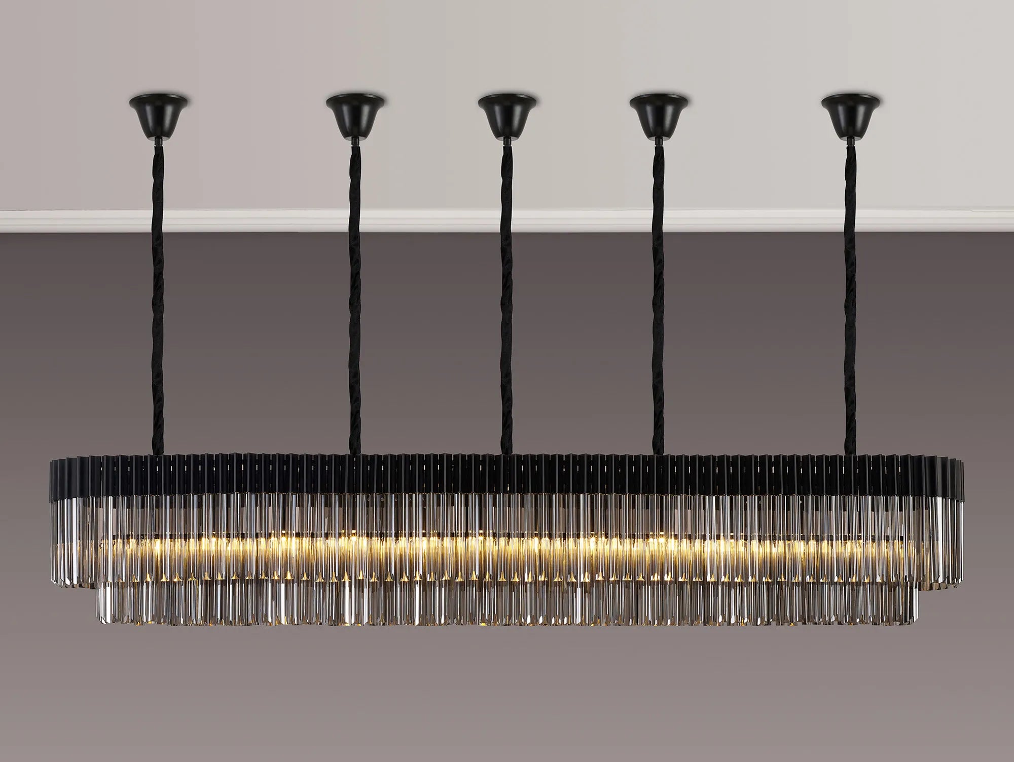 Cedar 225 Light - 40cm Linear Pendant With Bell Cup 12 Light - Matt Black & Smoked Sculpted Glass