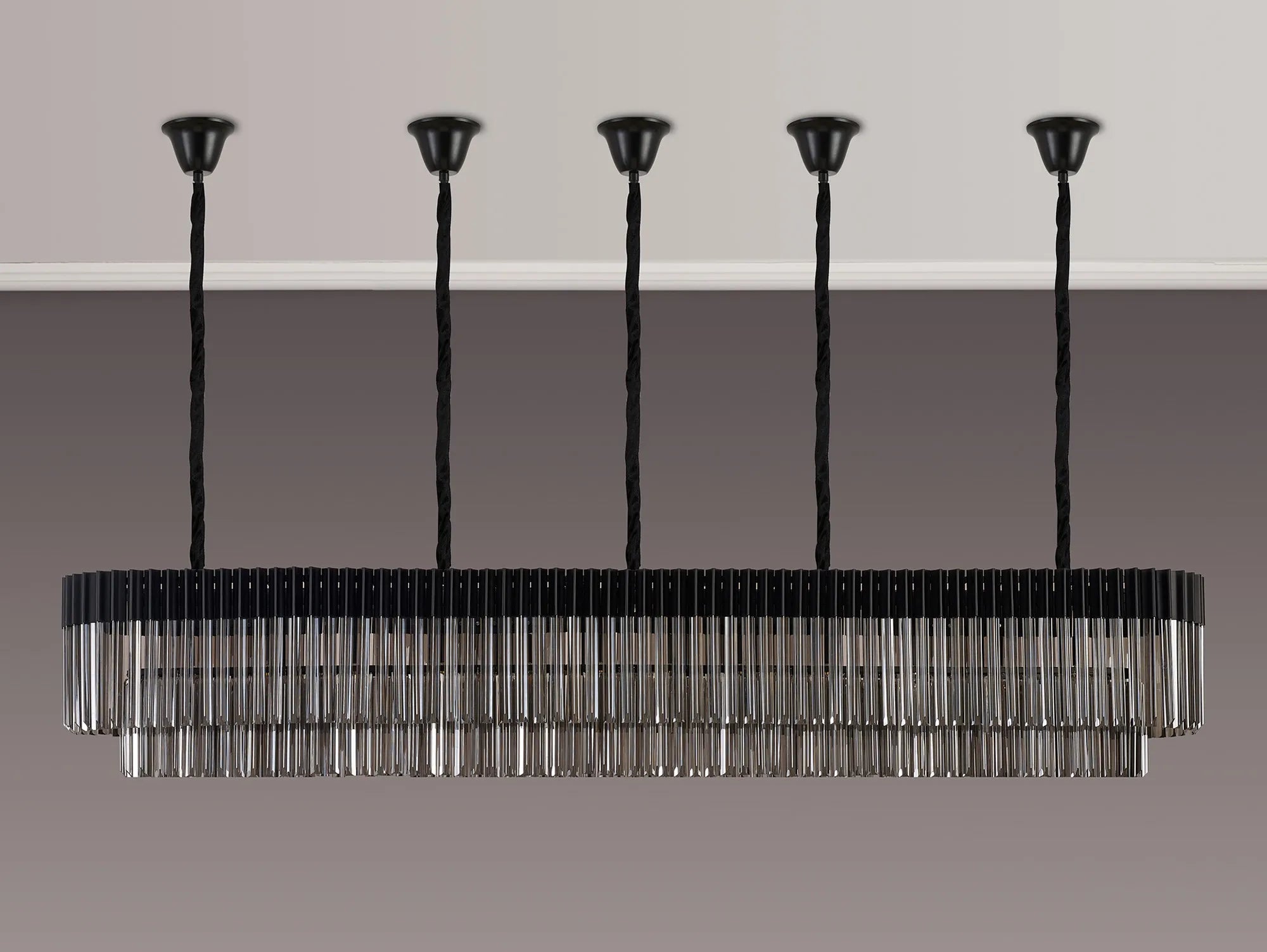 Cedar 225 Light - 40cm Linear Pendant With Bell Cup 12 Light - Matt Black & Smoked Sculpted Glass