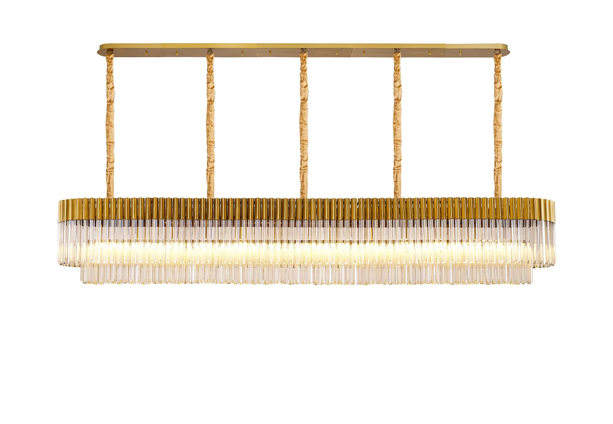 Cedar 250 x 40cm Linear Pendant 13 Light - Brass & Cognac Sculpted Glass