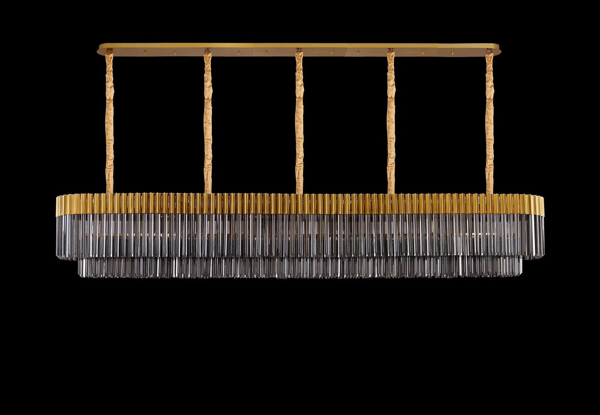 Cedar 250 x 40cm Linear Pendant 13 Light - Brass & Smoked Sculpted Glass