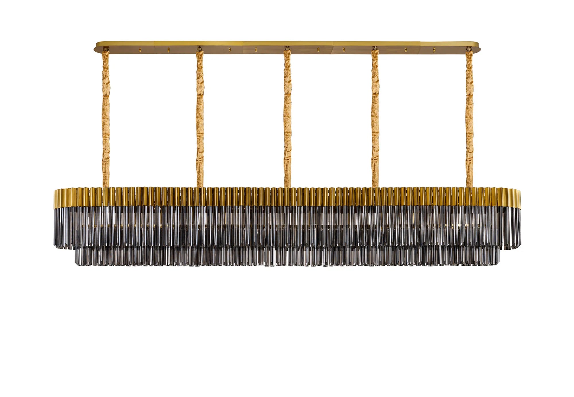 Cedar 250 x 40cm Linear Pendant 13 Light - Brass & Smoked Sculpted Glass
