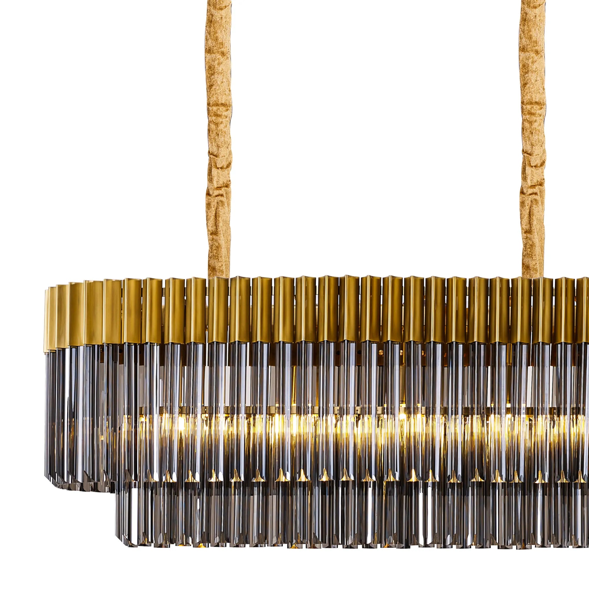 Cedar 250 x 40cm Linear Pendant 13 Light - Brass & Smoked Sculpted Glass