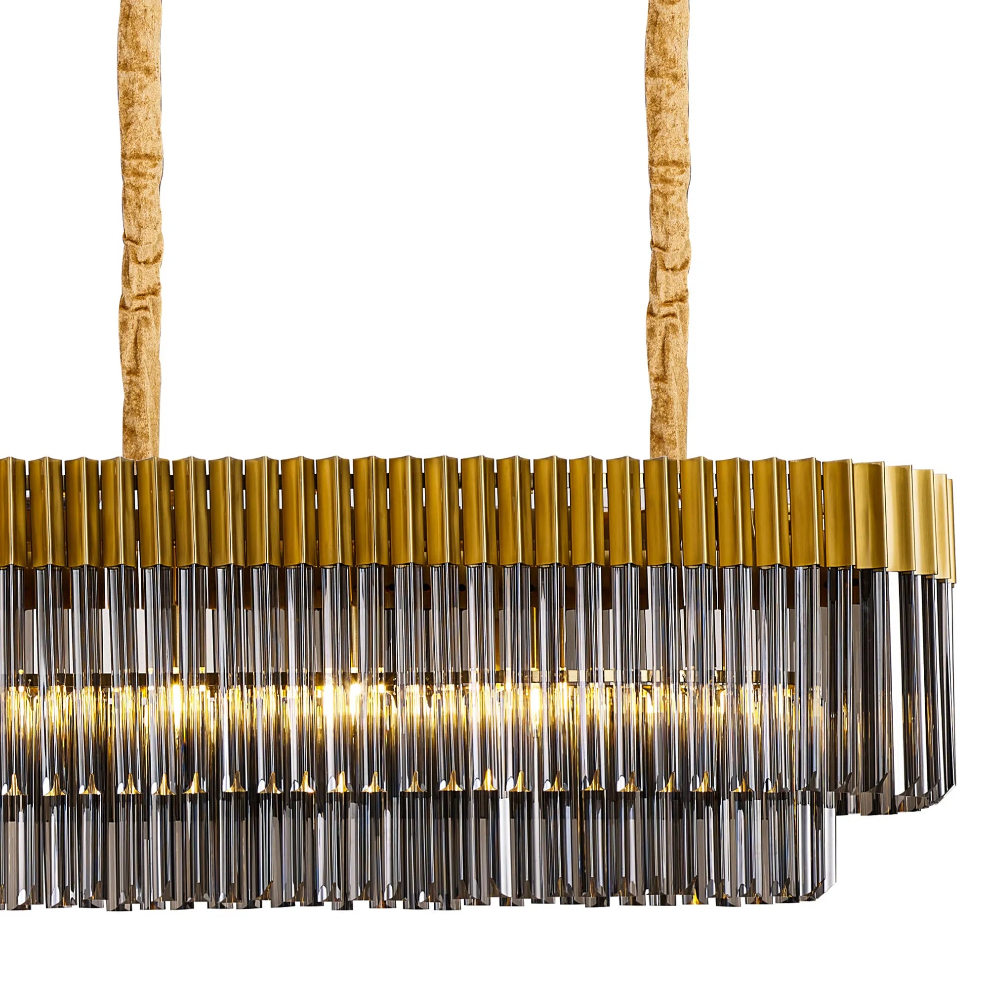 Cedar 250 x 40cm Linear Pendant 13 Light - Brass & Smoked Sculpted Glass