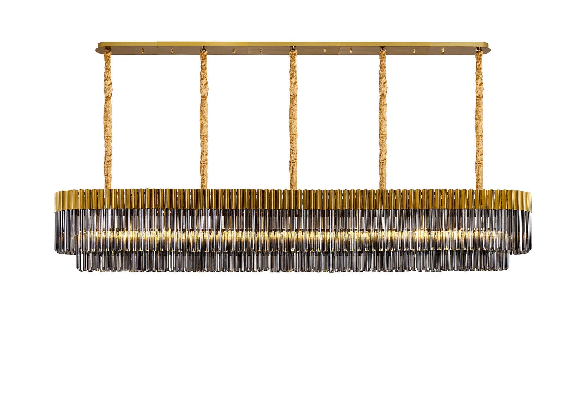 Cedar 250 x 40cm Linear Pendant 13 Light - Brass & Smoked Sculpted Glass