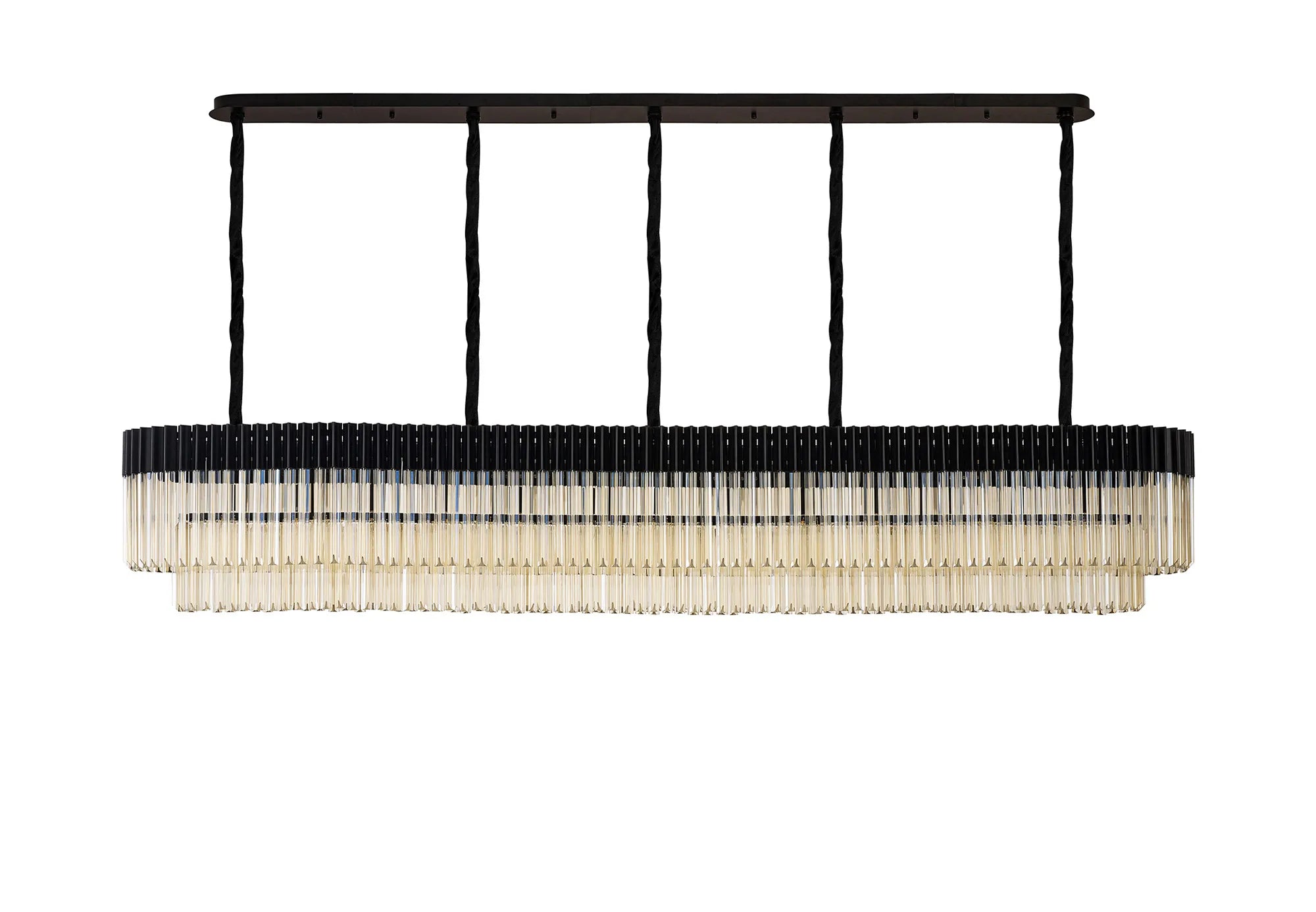 Cedar 250 x 40cm Linear Pendant 13 Light - Matt Black & Cognac Sculpted Glass
