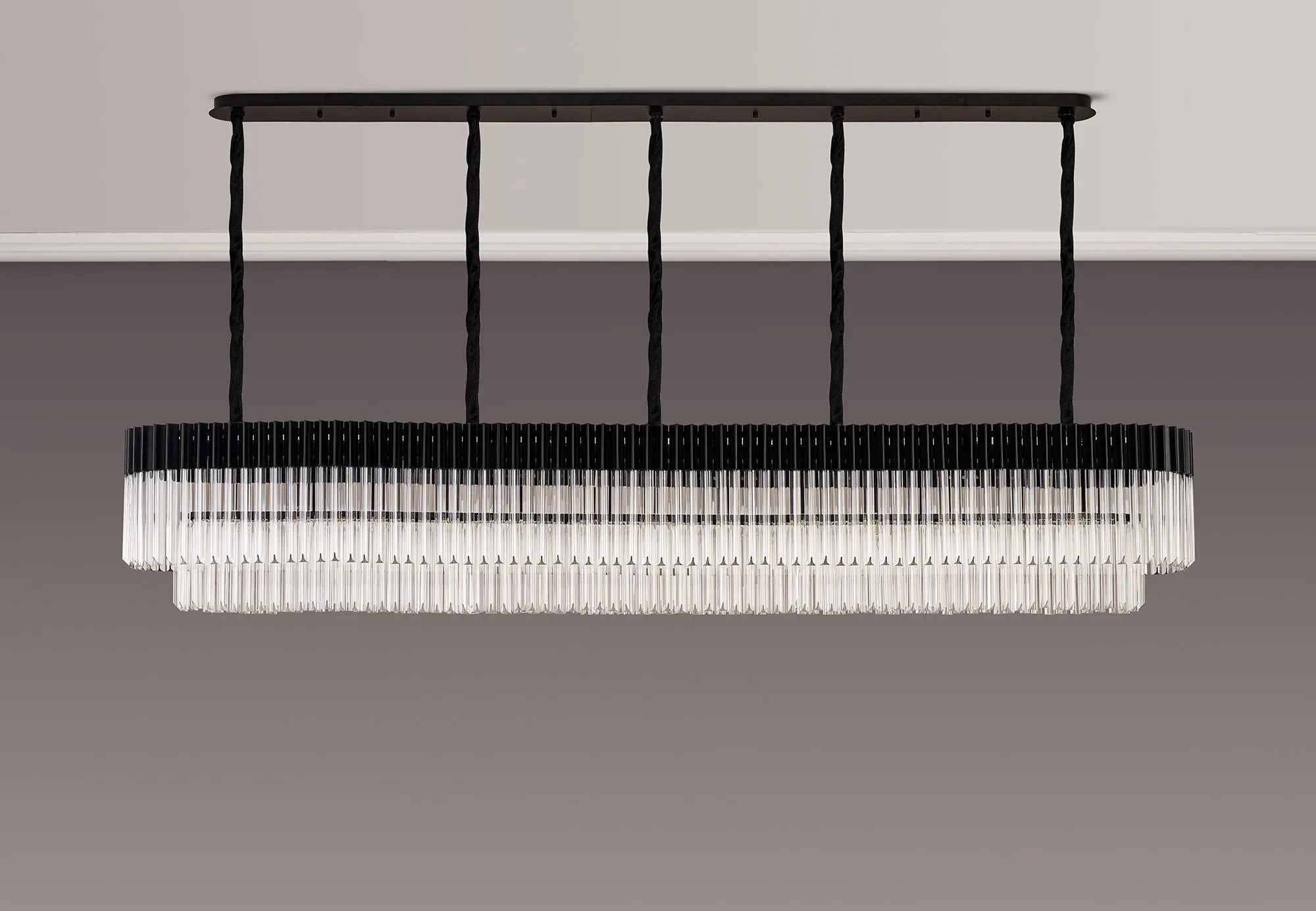 Cedar 250 x 40cm Linear Pendant 13 Light - Matt Black & Clear Sculpted Glass