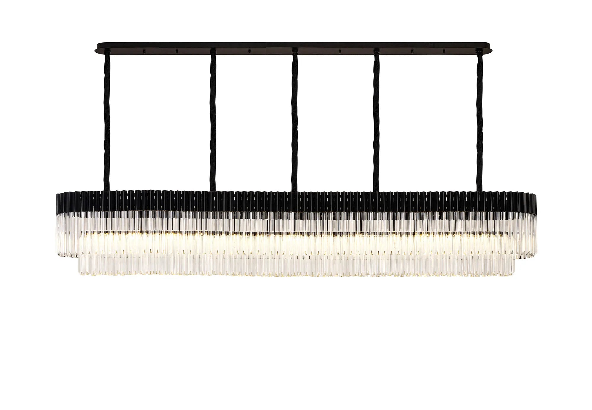 Cedar 250 x 40cm Linear Pendant 13 Light - Matt Black & Clear Sculpted Glass