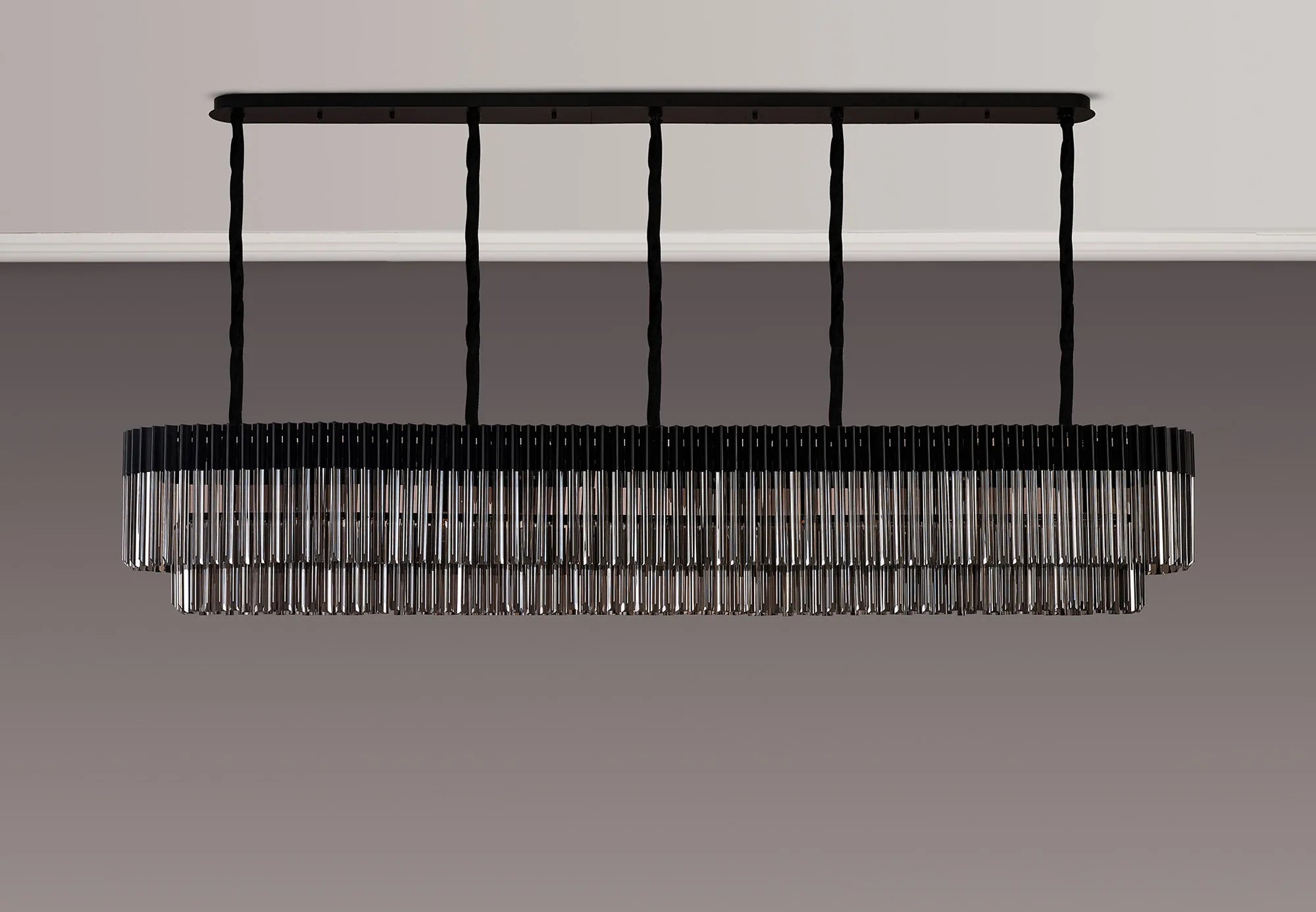 Cedar 250 x 40cm Linear Pendant 13 Light - Matt Black & Smoked Sculpted Glass