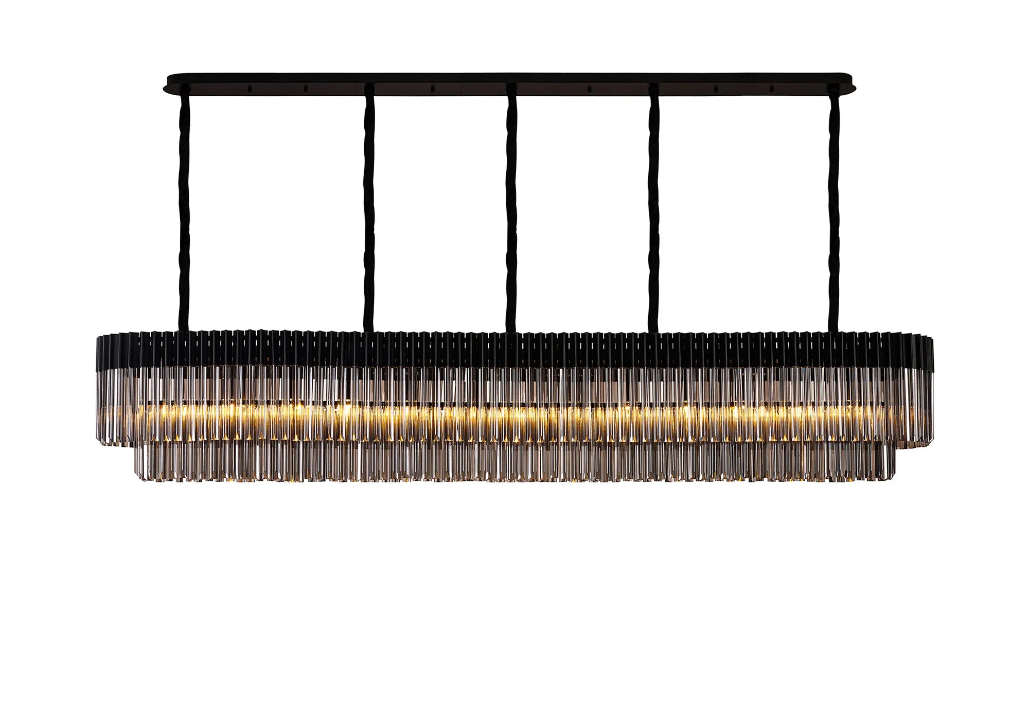 Cedar 250 x 40cm Linear Pendant 13 Light - Matt Black & Smoked Sculpted Glass