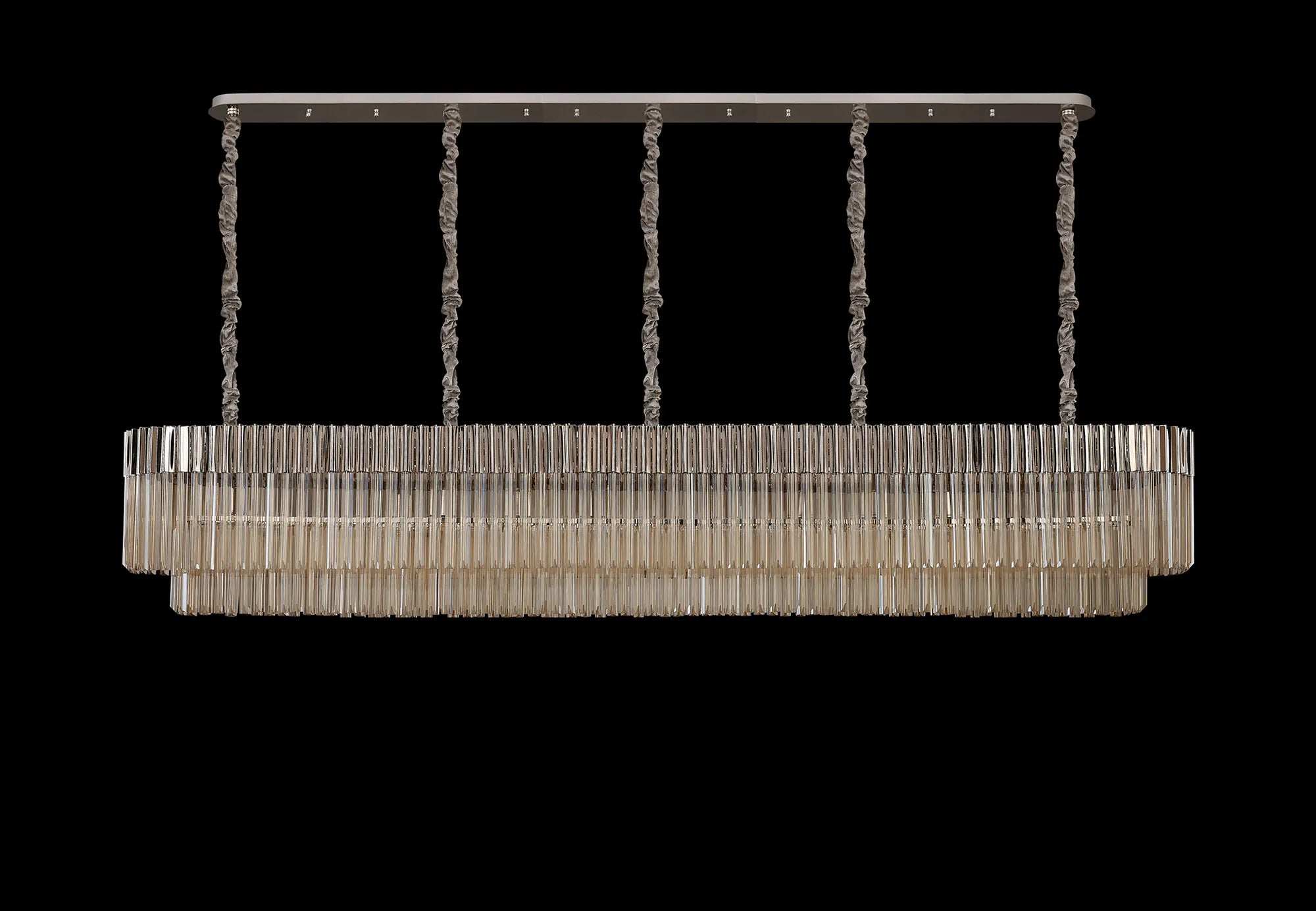 Cedar 250 x 40cm Linear Pendant 13 Light - Polished Nickel & Cognac Sculpted Glass