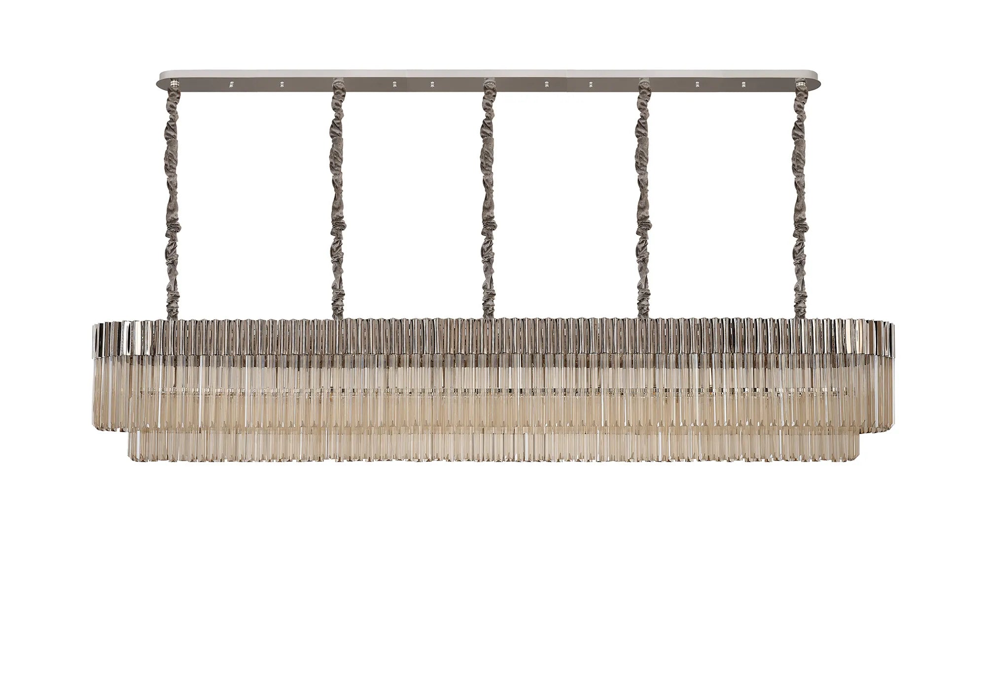 Cedar 250 x 40cm Linear Pendant 13 Light - Polished Nickel & Cognac Sculpted Glass