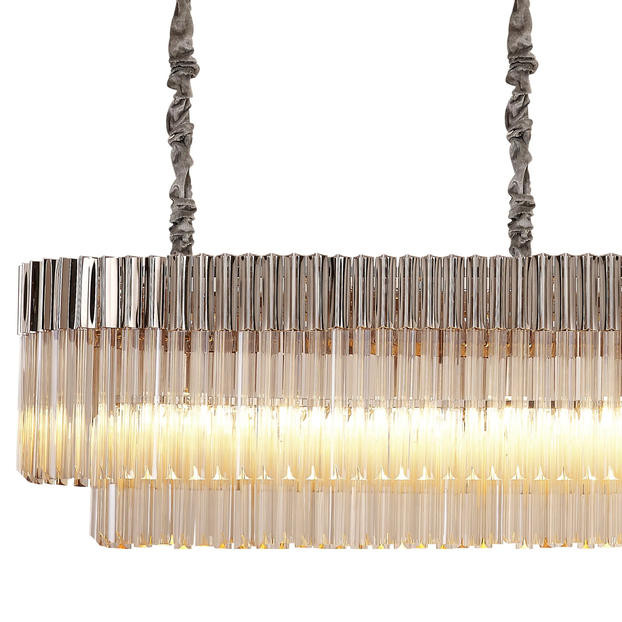 Cedar 250 x 40cm Linear Pendant 13 Light - Polished Nickel & Cognac Sculpted Glass