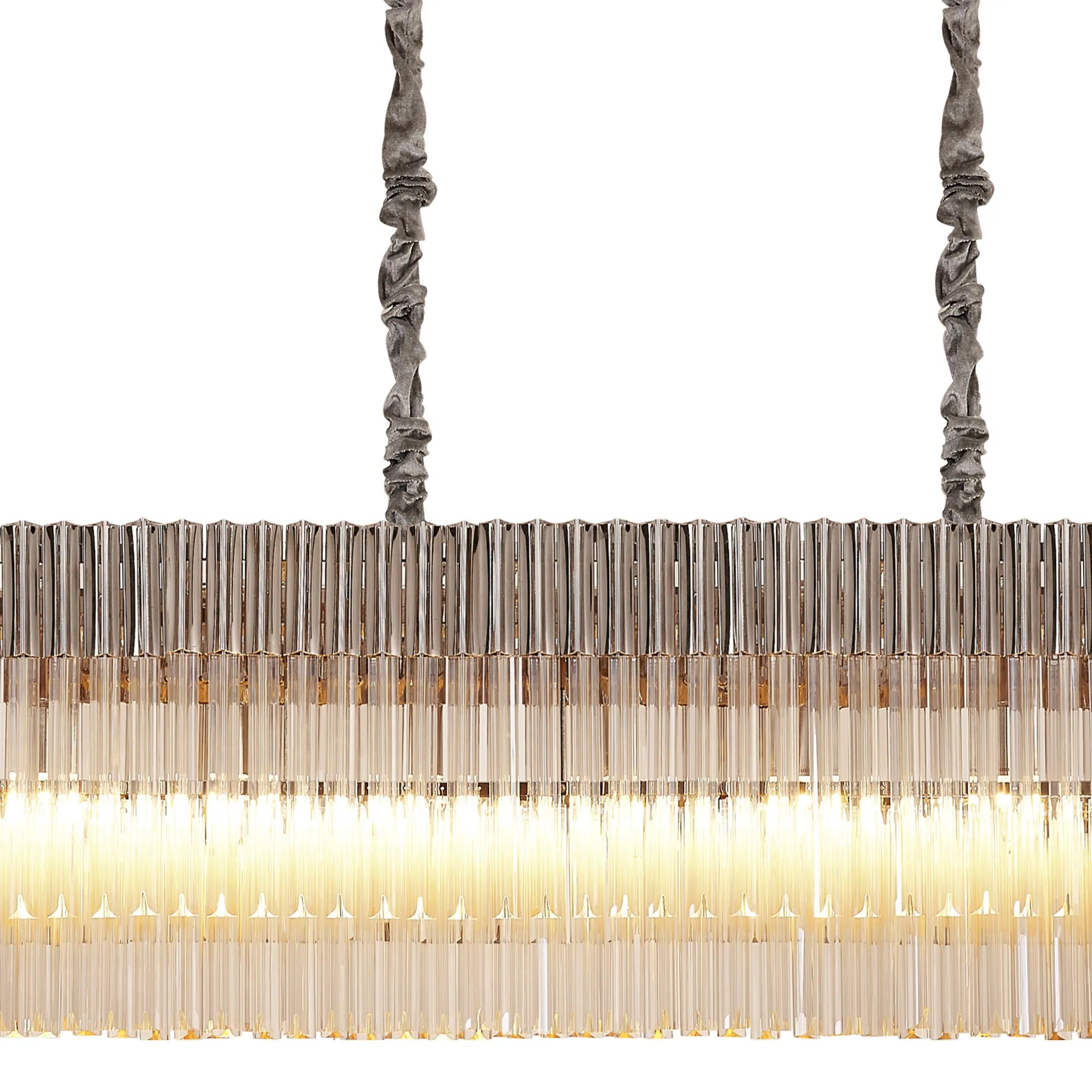 Cedar 250 x 40cm Linear Pendant 13 Light - Polished Nickel & Cognac Sculpted Glass