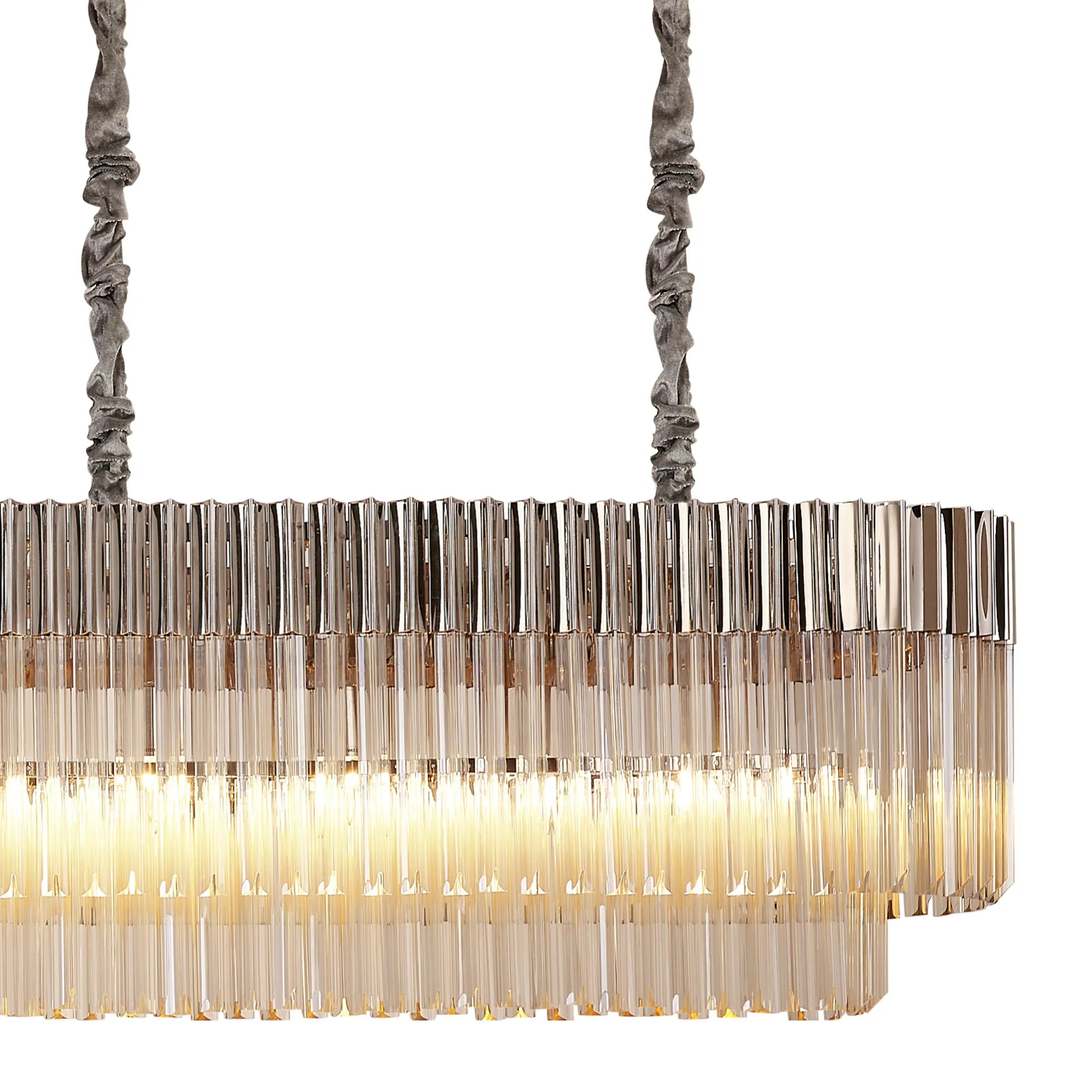 Cedar 250 x 40cm Linear Pendant 13 Light - Polished Nickel & Cognac Sculpted Glass