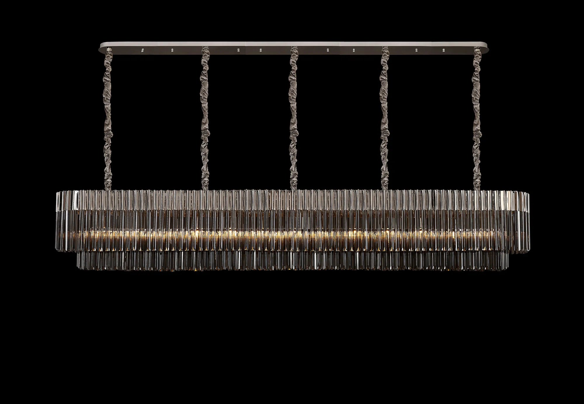 Cedar 250 x 40cm Linear Pendant 13 Light - Polished Nickel & Smoked Sculpted Glass