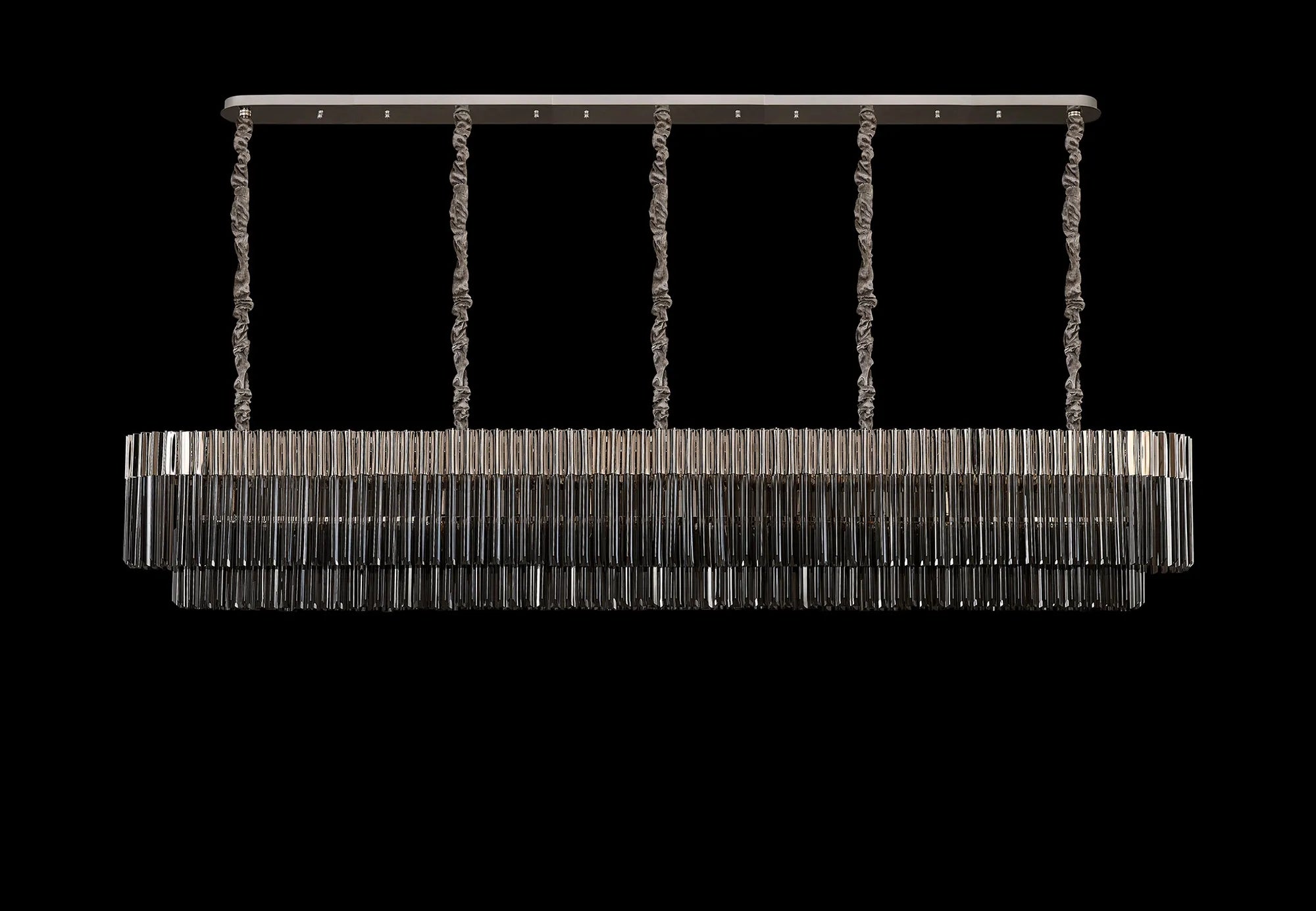 Cedar 250 x 40cm Linear Pendant 13 Light - Polished Nickel & Smoked Sculpted Glass