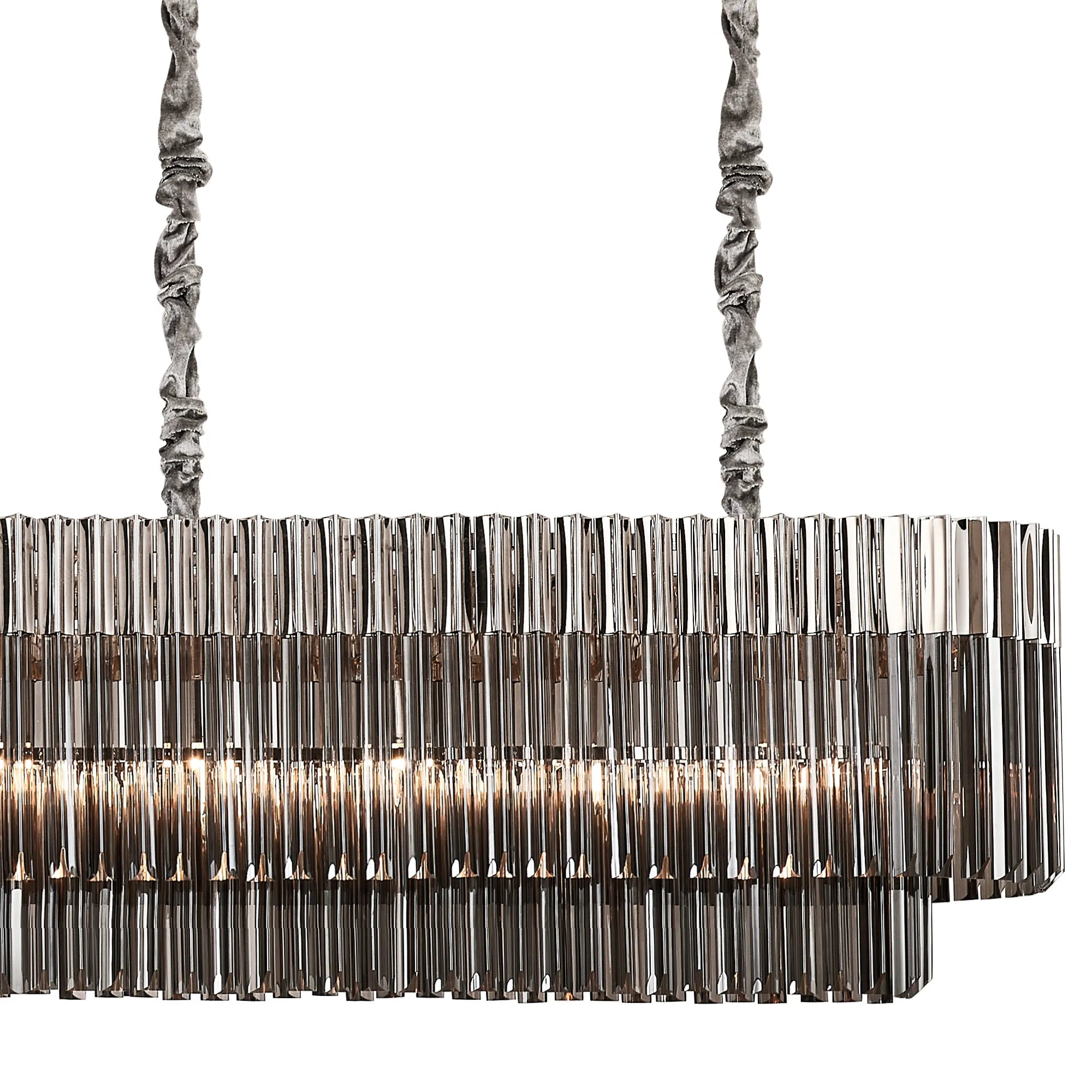 Cedar 250 x 40cm Linear Pendant 13 Light - Polished Nickel & Smoked Sculpted Glass