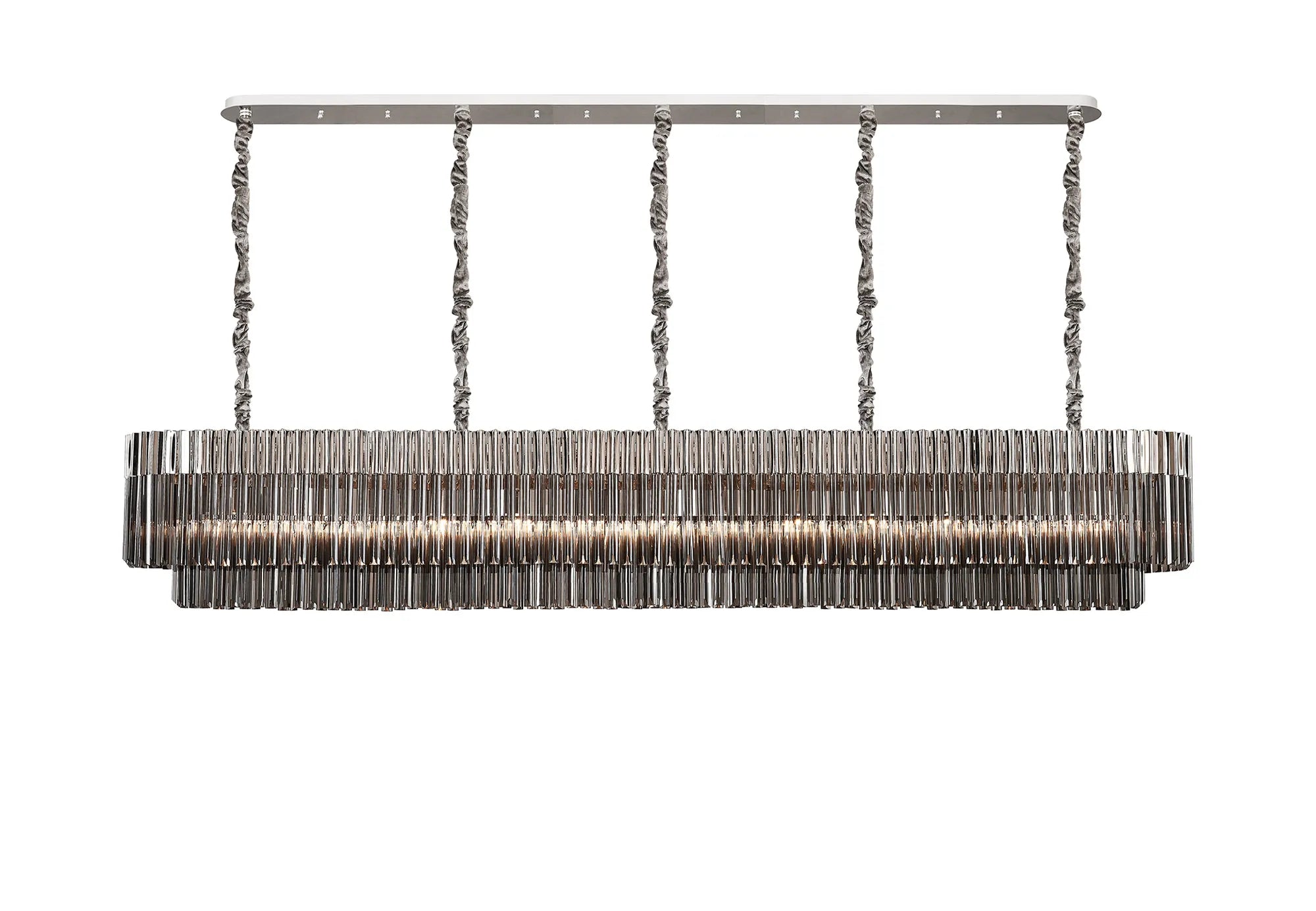 Cedar 250 x 40cm Linear Pendant 13 Light - Polished Nickel & Smoked Sculpted Glass