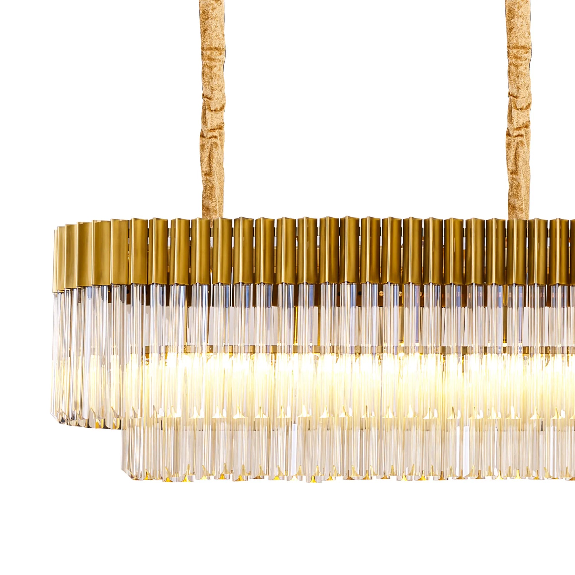 Cedar 250 x 40cm Linear Pendant With Bell Cup 13 Light - Brass & Cognac Sculpted Glass