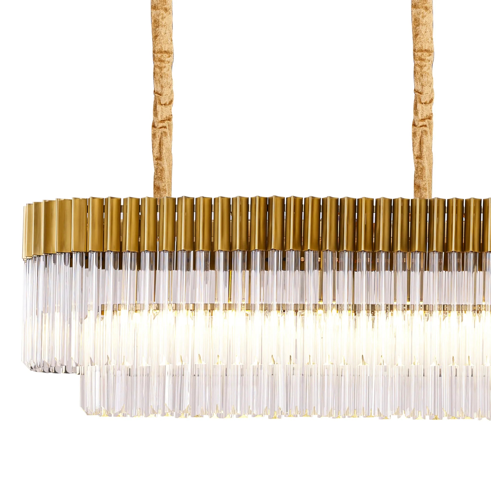 Cedar 250 x 40cm Linear Pendant With Bell Cup 13 Light - Brass & Clear Sculpted Glass