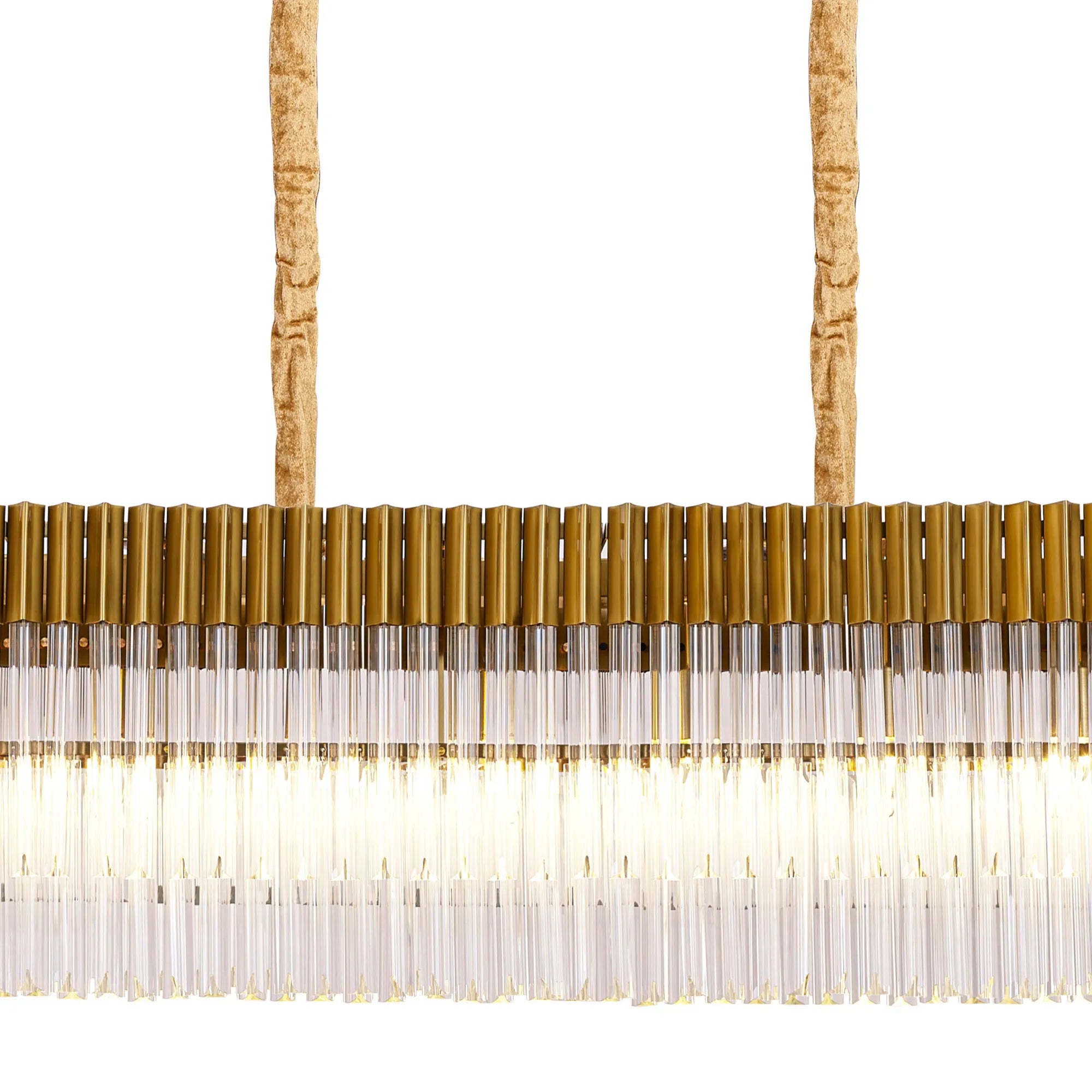 Cedar 250 x 40cm Linear Pendant With Bell Cup 13 Light - Brass & Clear Sculpted Glass
