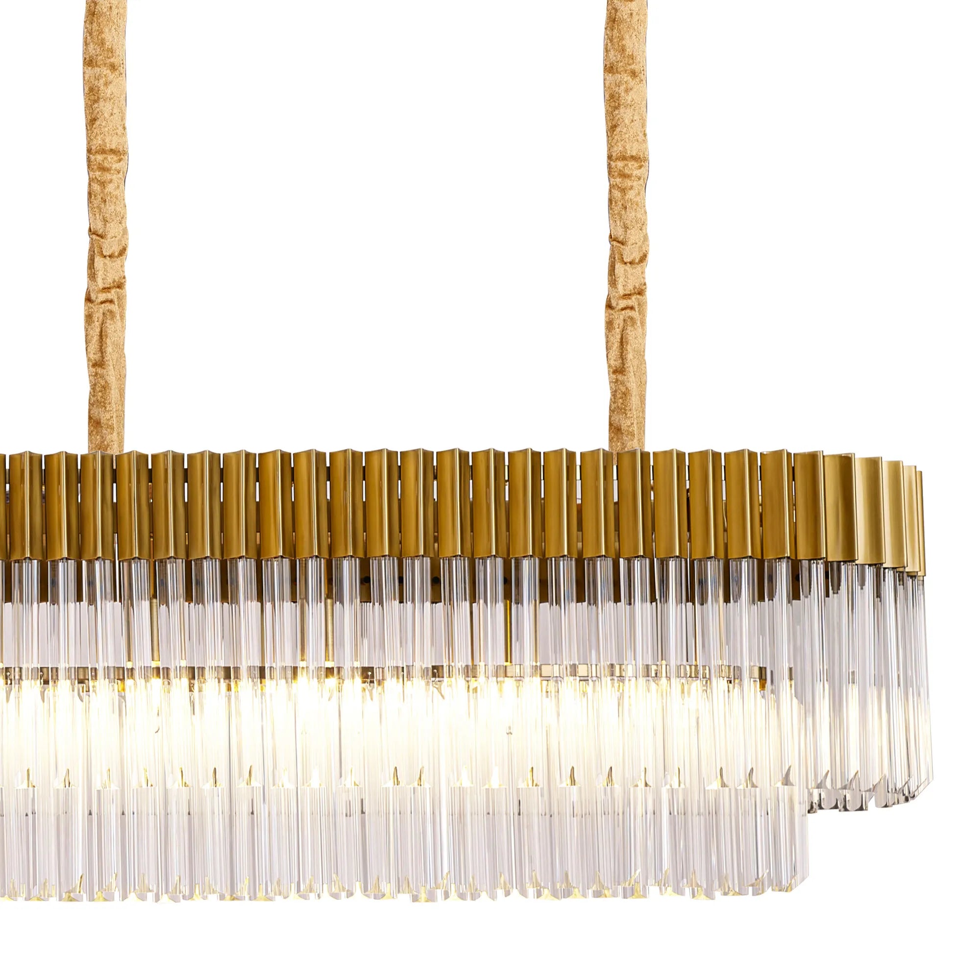 Cedar 250 x 40cm Linear Pendant With Bell Cup 13 Light - Brass & Clear Sculpted Glass