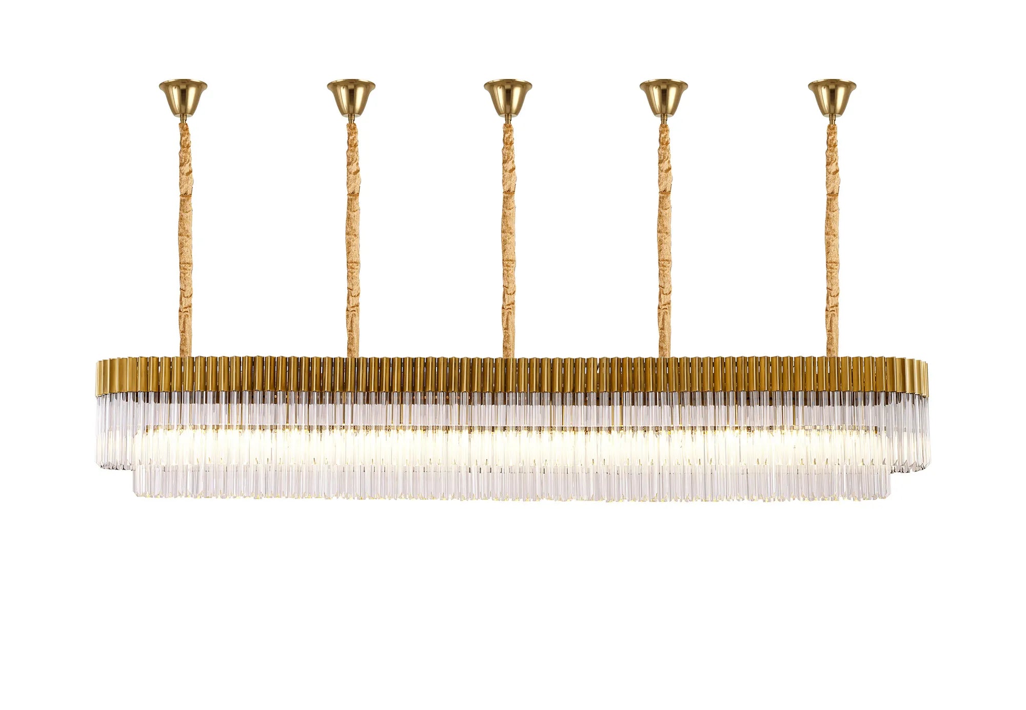 Cedar 250 x 40cm Linear Pendant With Bell Cup 13 Light - Brass & Clear Sculpted Glass