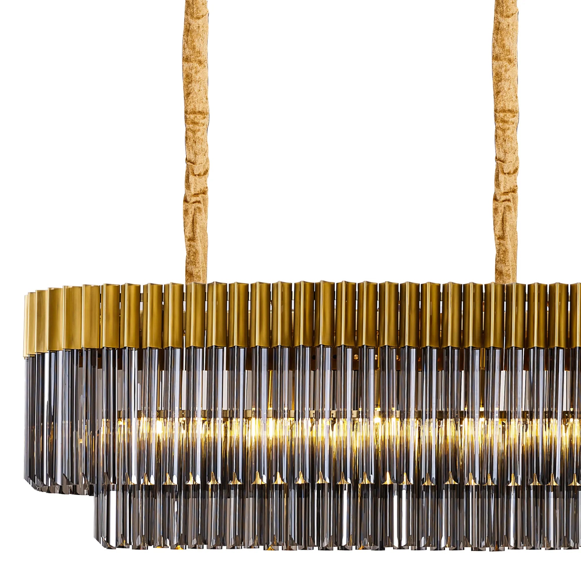 Cedar 250 x 40cm Linear Pendant With Bell Cup 13 Light - Brass & Smoked Sculpted Glass