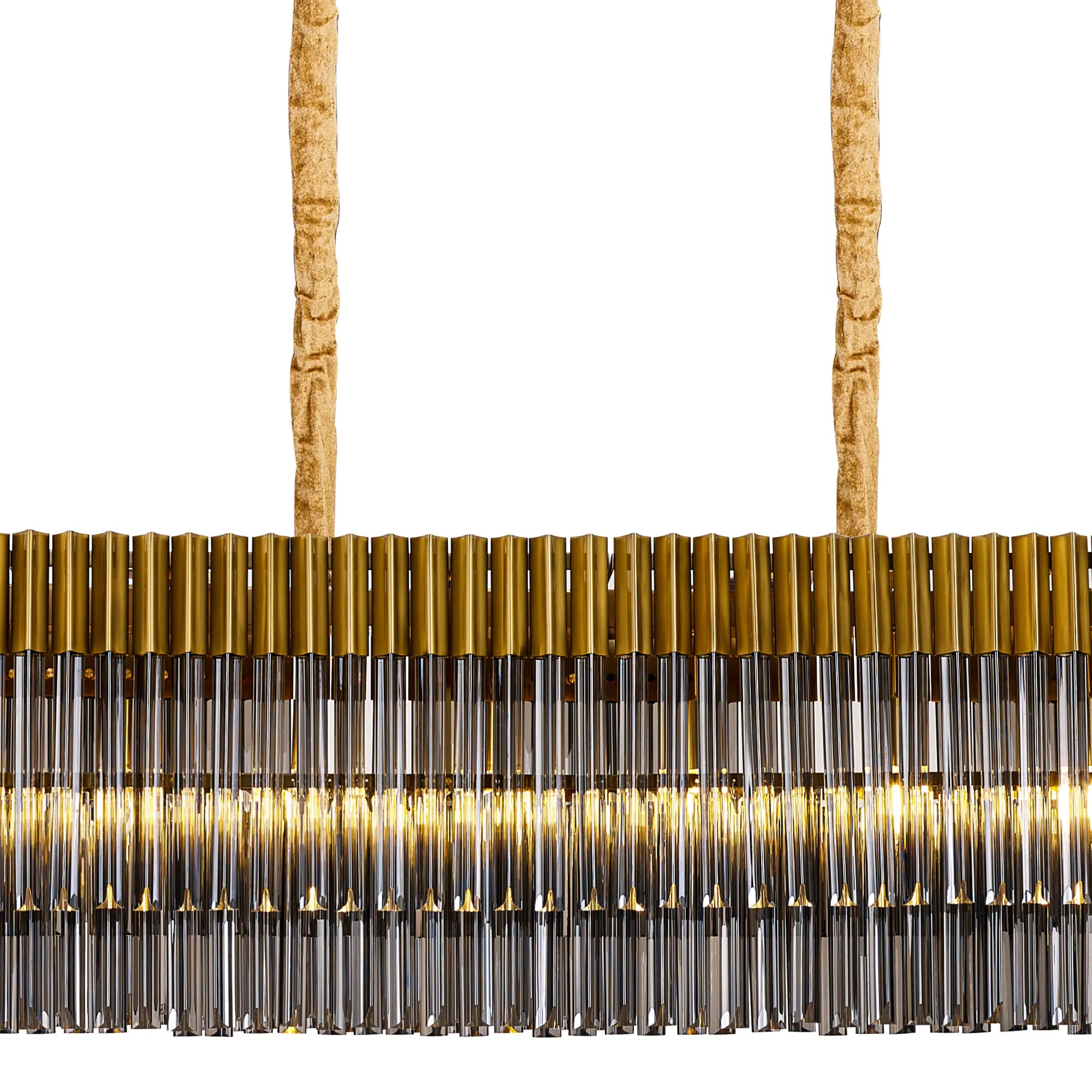 Cedar 250 x 40cm Linear Pendant With Bell Cup 13 Light - Brass & Smoked Sculpted Glass