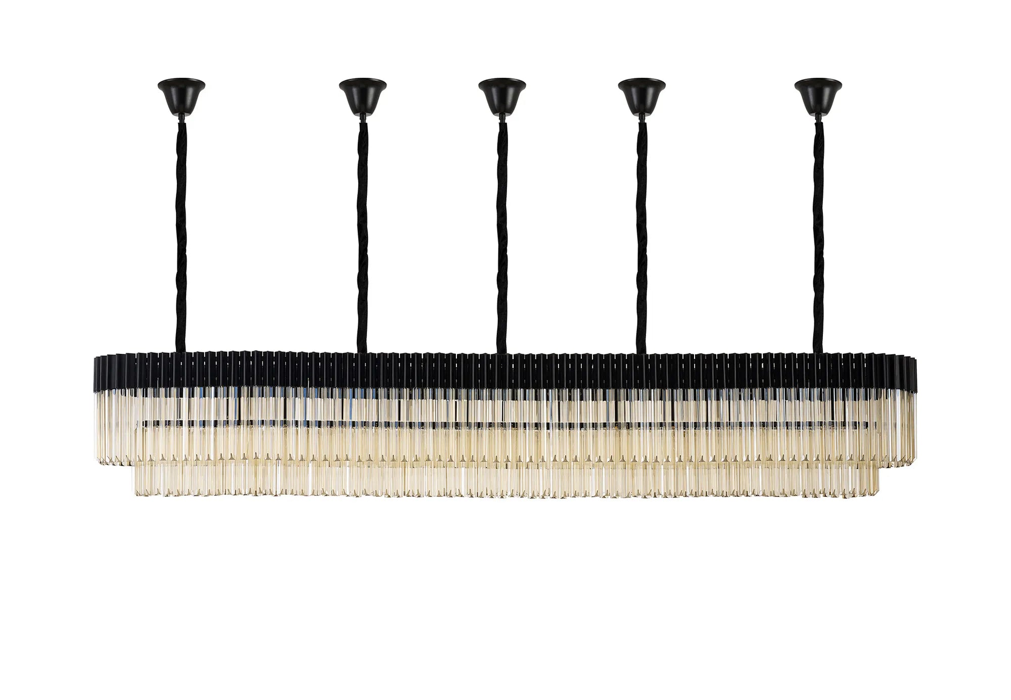 Cedar 250 x 40cm Linear Pendant With Bell Cup 13 Light - Matt Black & Cognac Sculpted Glass