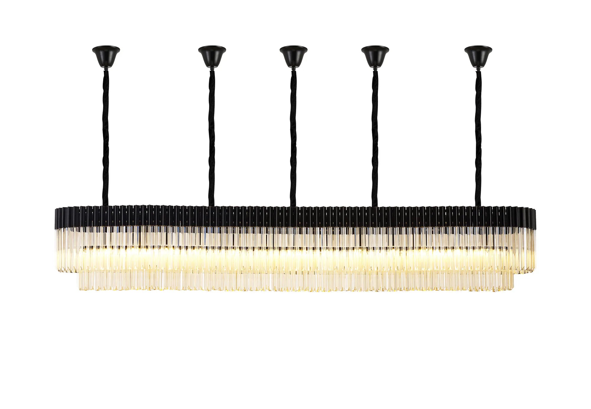 Cedar 250 x 40cm Linear Pendant With Bell Cup 13 Light - Matt Black & Cognac Sculpted Glass