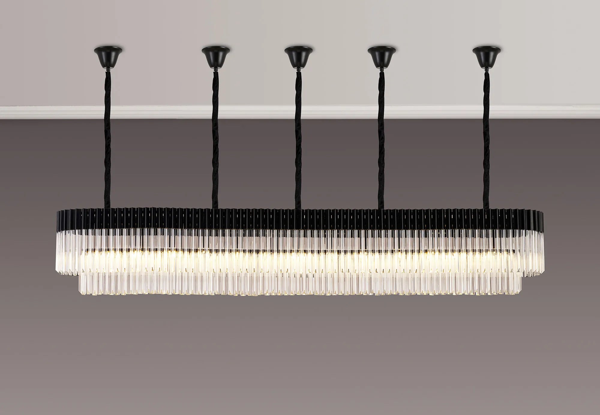 Cedar 250 x 40cm Linear Pendant With Bell Cup 13 Light - Matt Black & Clear Sculpted Glass