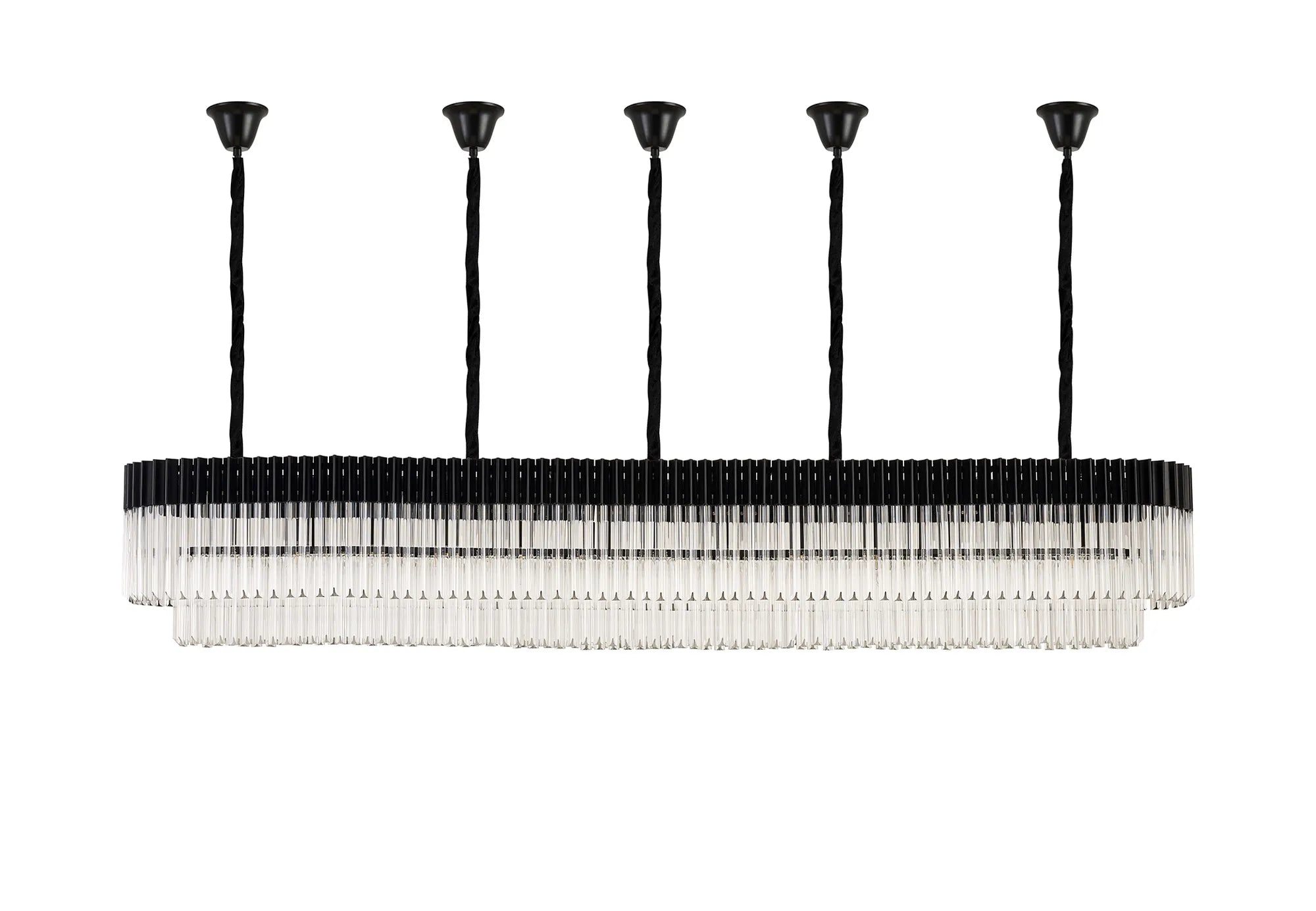 Cedar 250 x 40cm Linear Pendant With Bell Cup 13 Light - Matt Black & Clear Sculpted Glass