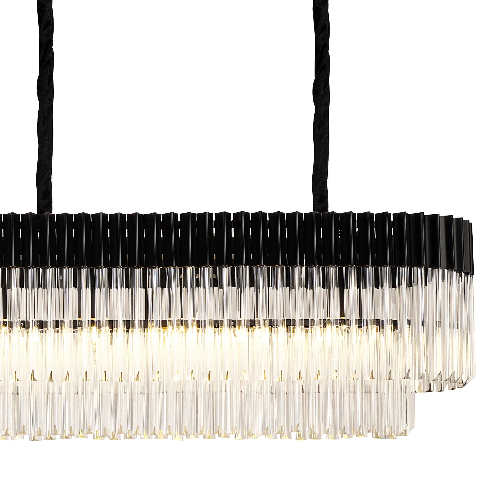 Cedar 250 x 40cm Linear Pendant With Bell Cup 13 Light - Matt Black & Clear Sculpted Glass