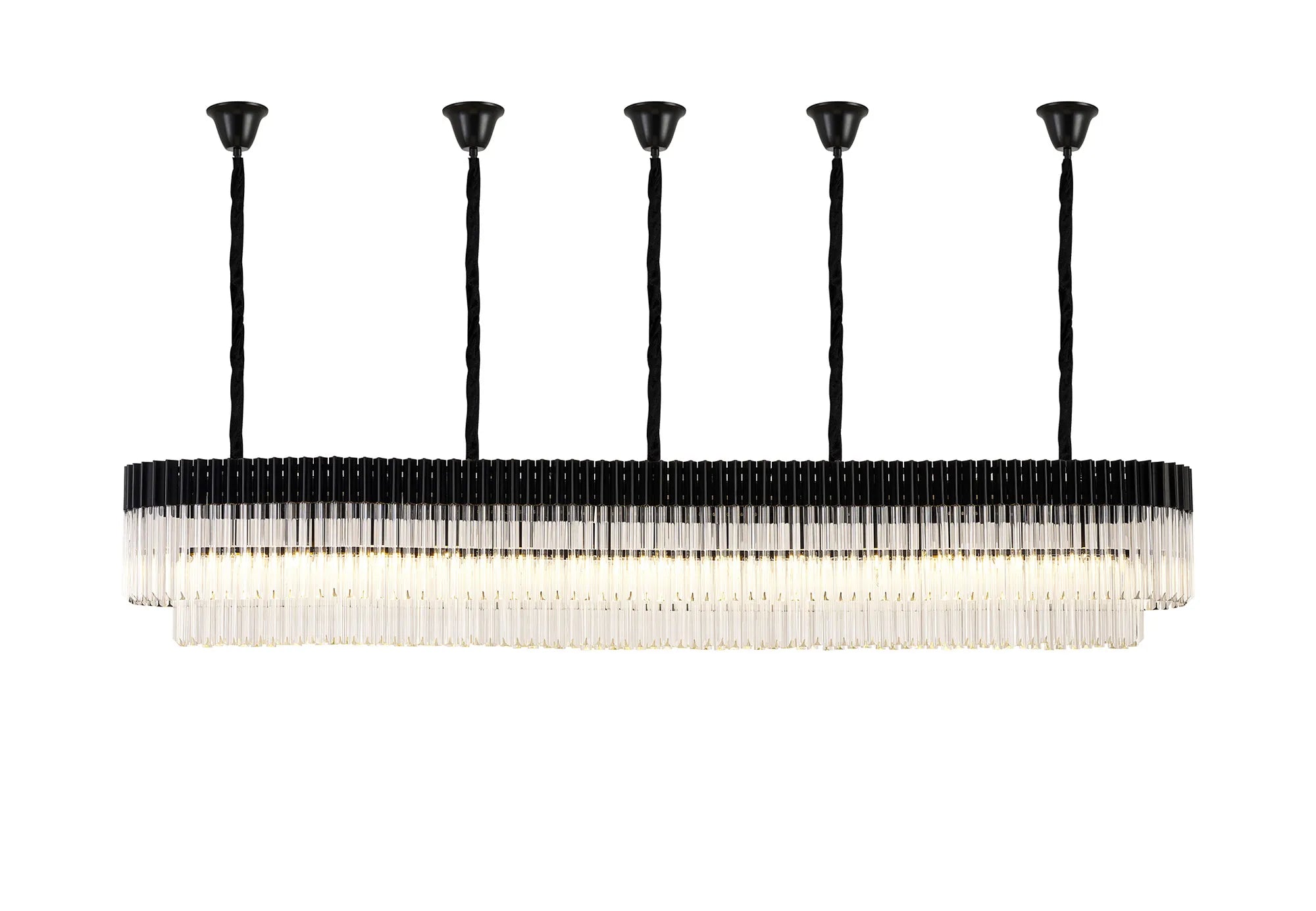 Cedar 250 x 40cm Linear Pendant With Bell Cup 13 Light - Matt Black & Clear Sculpted Glass