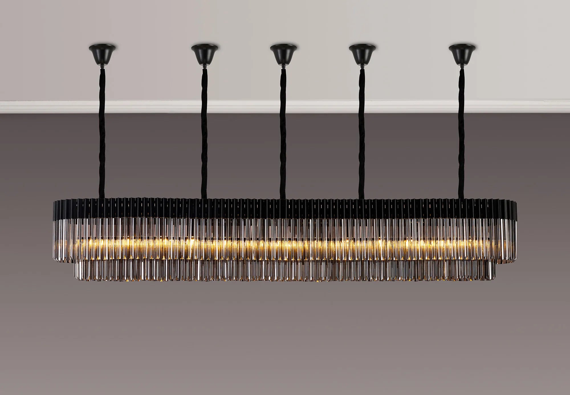 Cedar 250 x 40cm Linear Pendant With Bell Cup 13 Light - Matt Black & Smoked Sculpted Glass