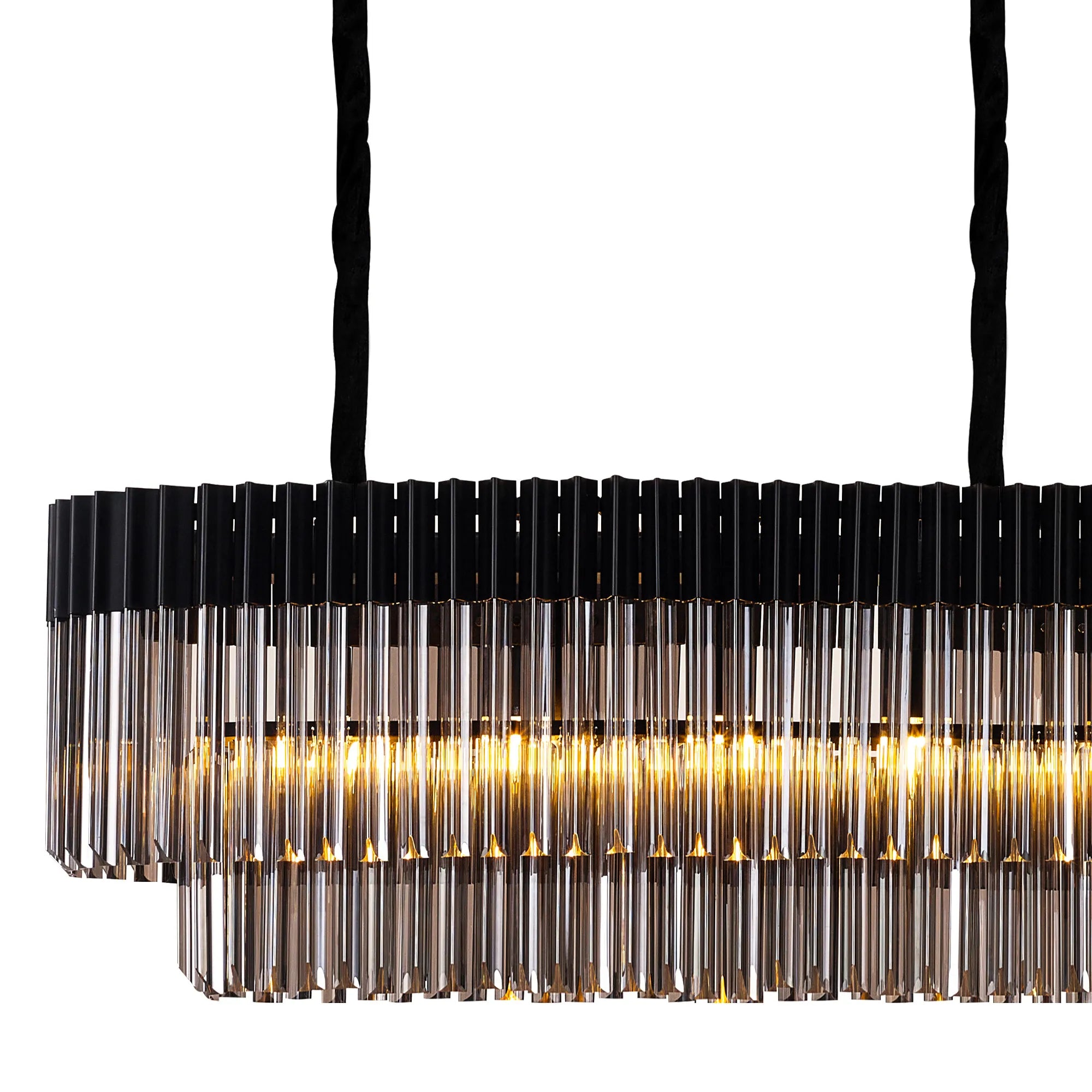 Cedar 250 x 40cm Linear Pendant With Bell Cup 13 Light - Matt Black & Smoked Sculpted Glass