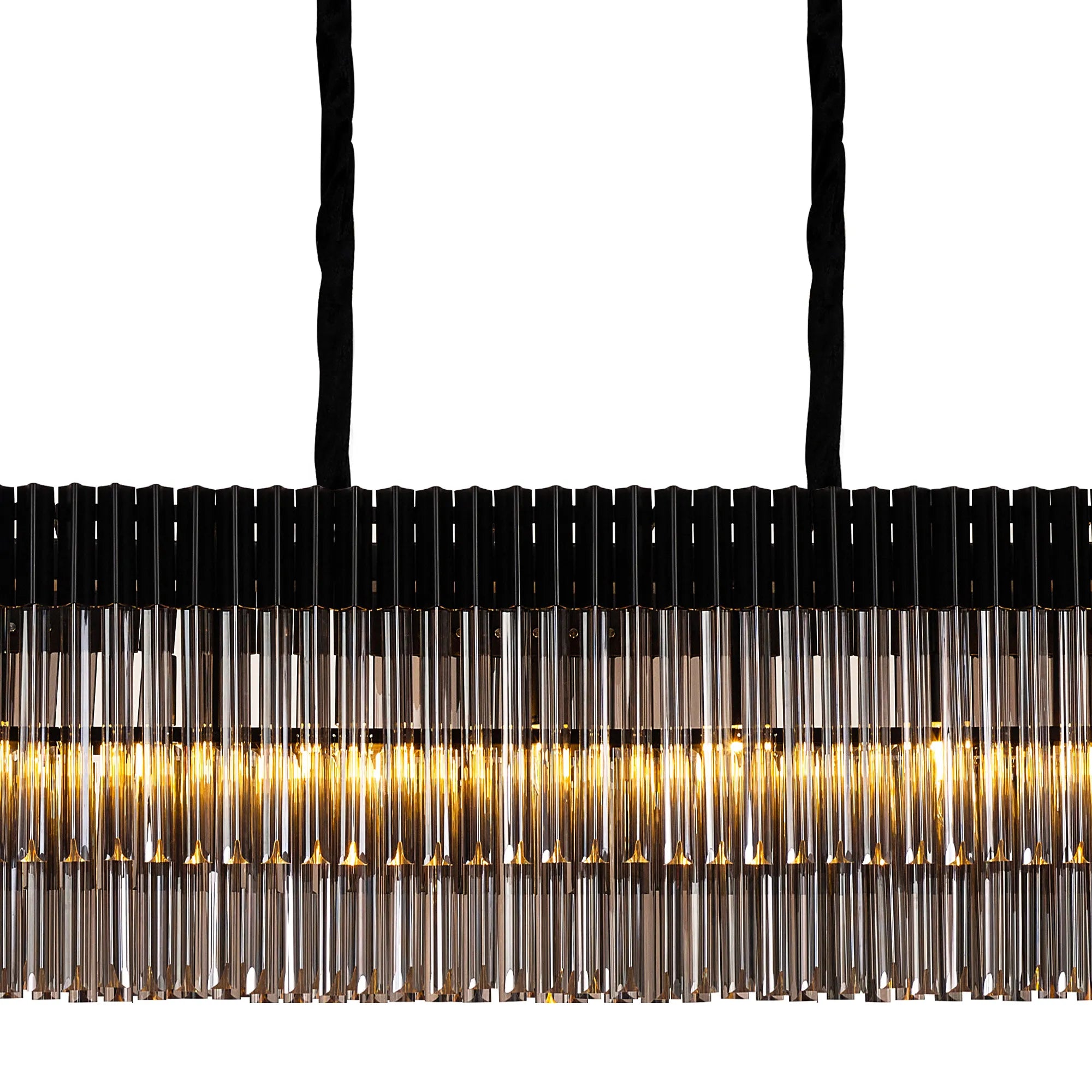 Cedar 250 x 40cm Linear Pendant With Bell Cup 13 Light - Matt Black & Smoked Sculpted Glass
