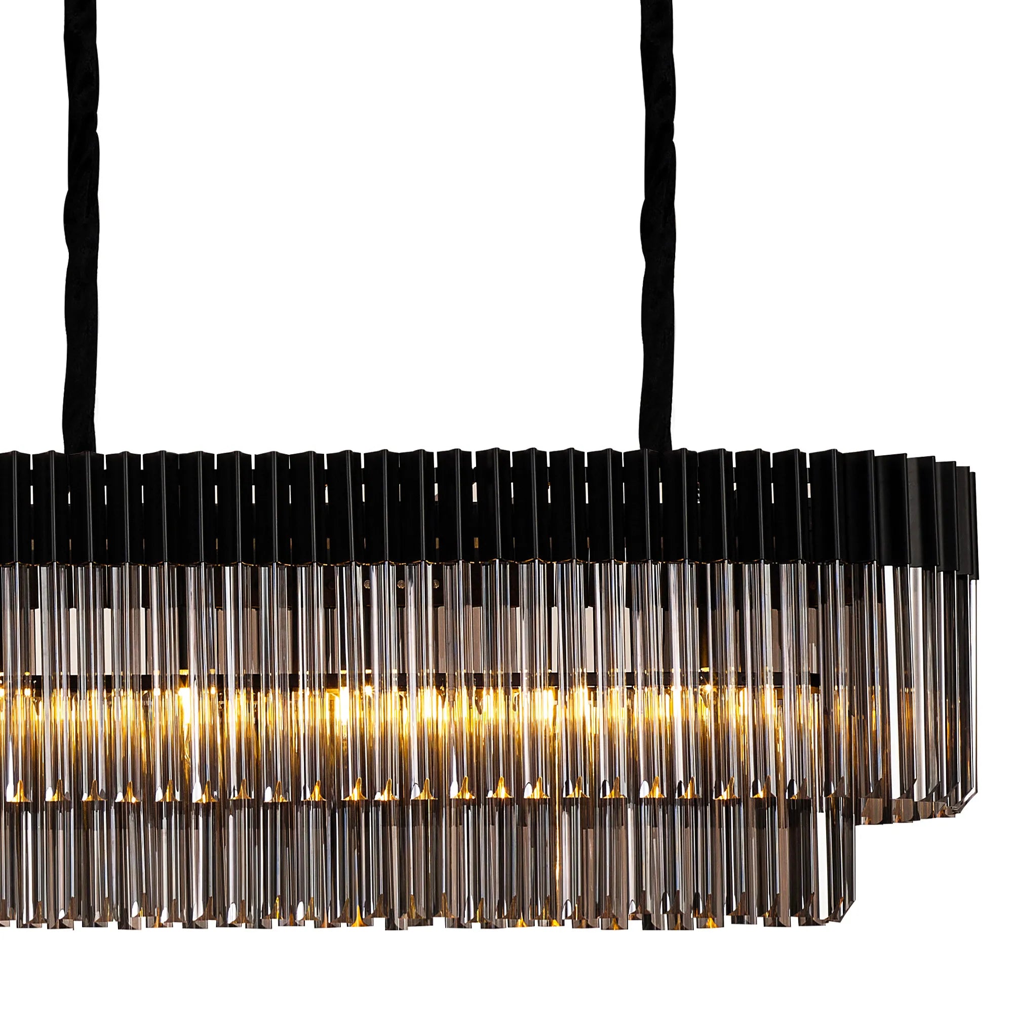 Cedar 250 x 40cm Linear Pendant With Bell Cup 13 Light - Matt Black & Smoked Sculpted Glass