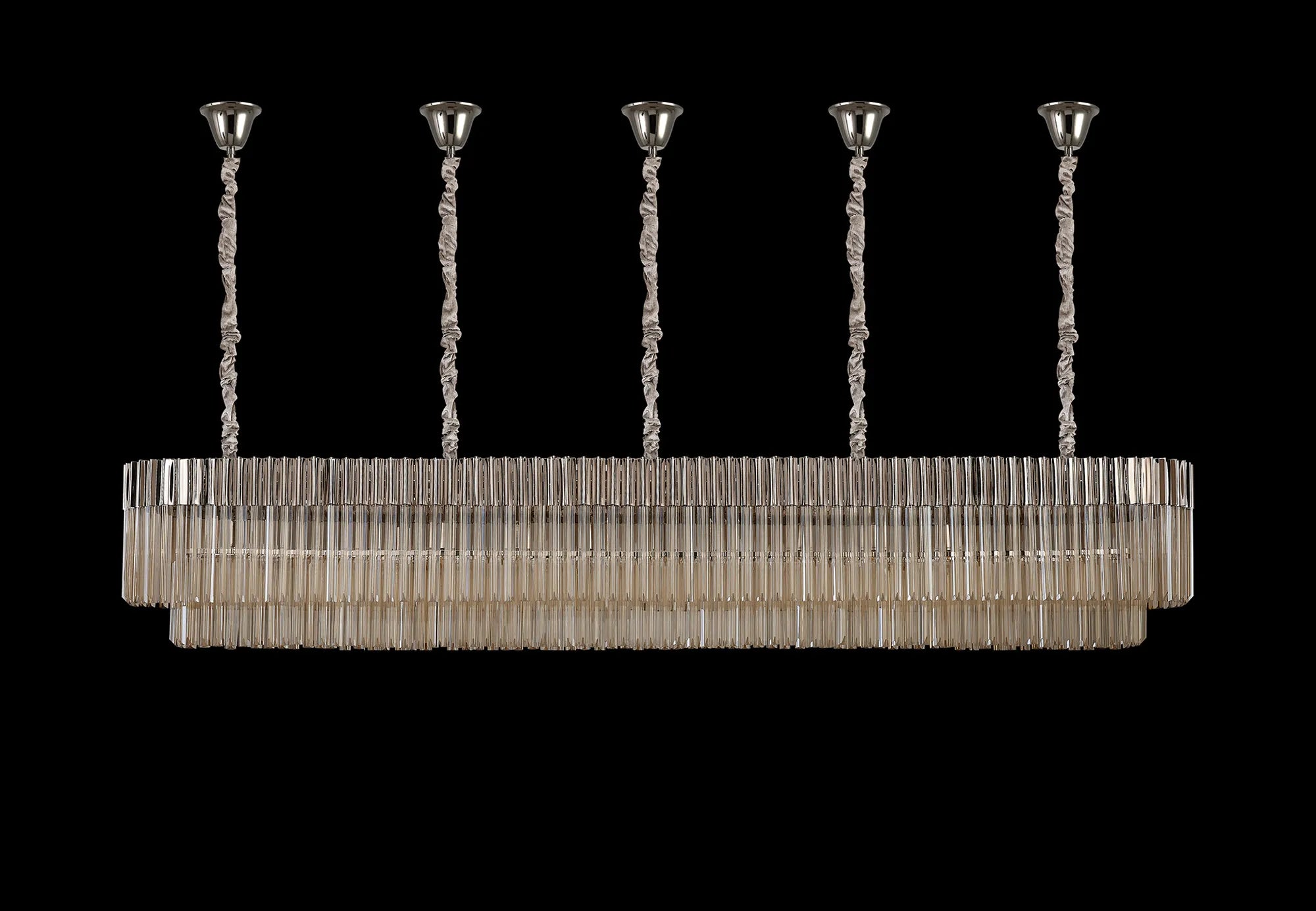 Cedar 250 x 40cm Linear Pendant With Bell Cup 13 Light - Polished Nickel & Cognac Sculpted Glass