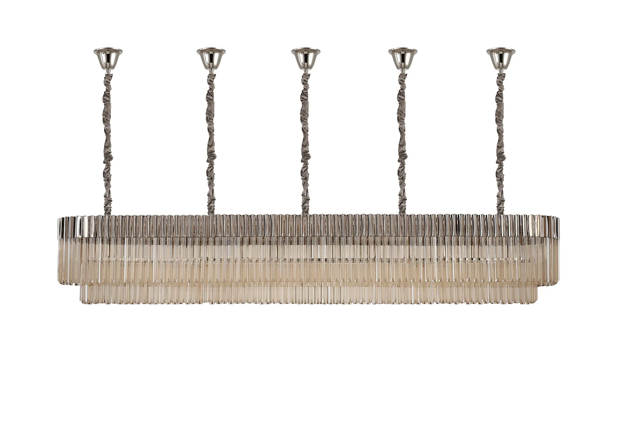 Cedar 250 x 40cm Linear Pendant With Bell Cup 13 Light - Polished Nickel & Cognac Sculpted Glass