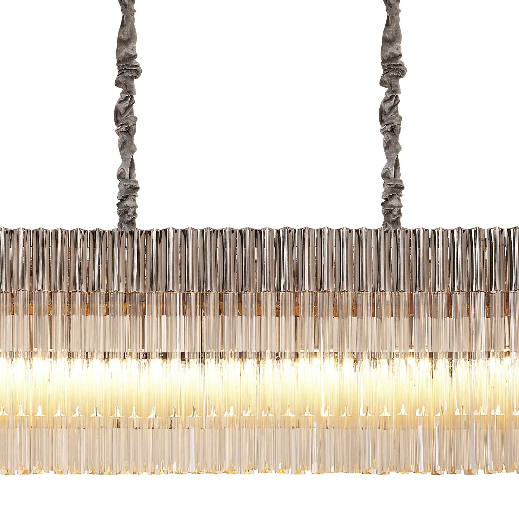 Cedar 250 x 40cm Linear Pendant With Bell Cup 13 Light - Polished Nickel & Cognac Sculpted Glass