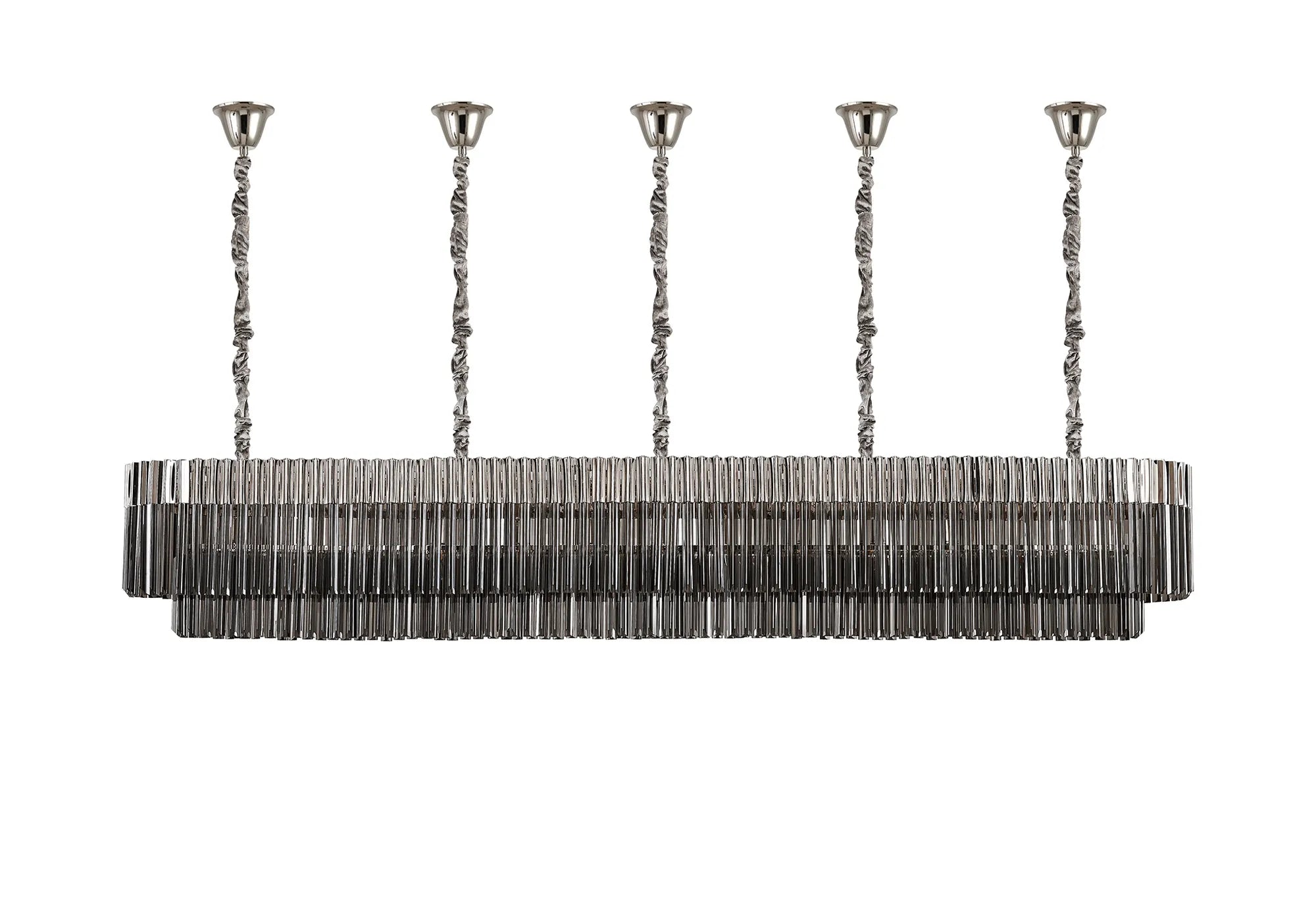 Cedar 250 x 40cm Linear Pendant With Bell Cup 13 Light - Polished Nickel & Smoked Sculpted Glass