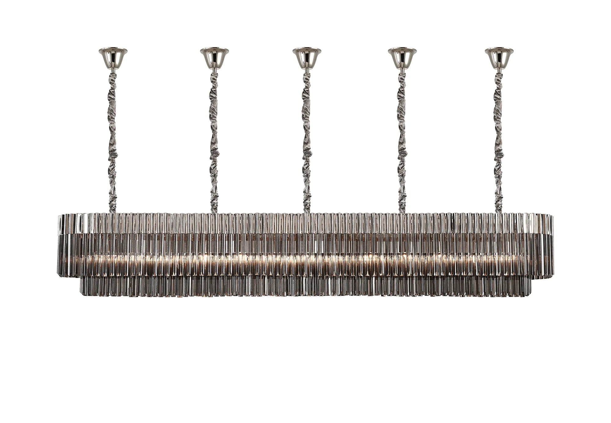 Cedar 250 x 40cm Linear Pendant With Bell Cup 13 Light - Polished Nickel & Smoked Sculpted Glass