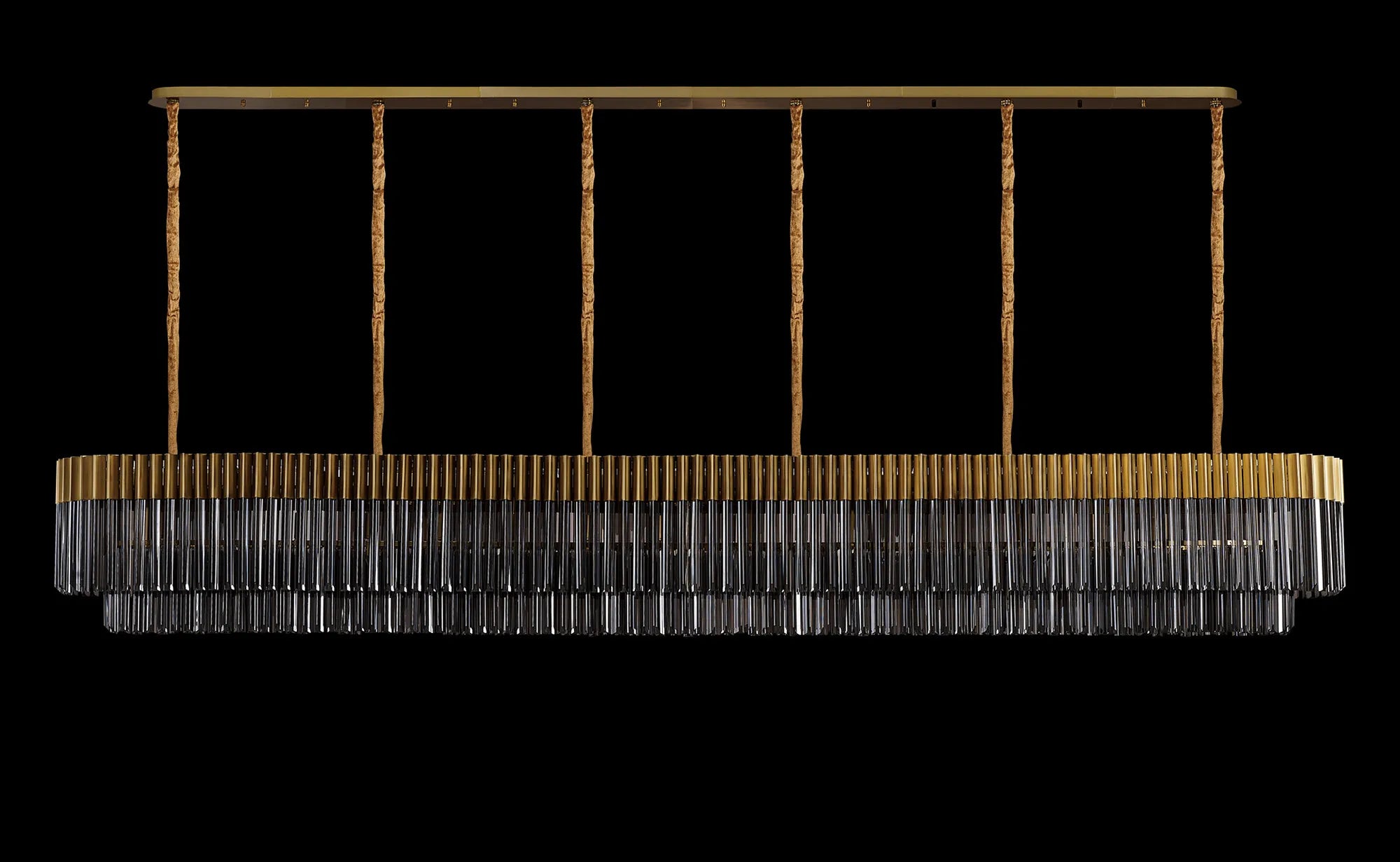 Cedar 300 x 40cm Linear Pendant 16 Light - Brass & Smoked Sculpted Glass